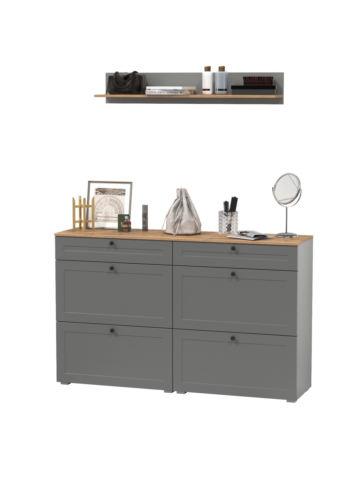 Изображение товара Комплект мебели для прихожей MOBI Остин пр-66 двойные тумбы и настенная полка серый графит