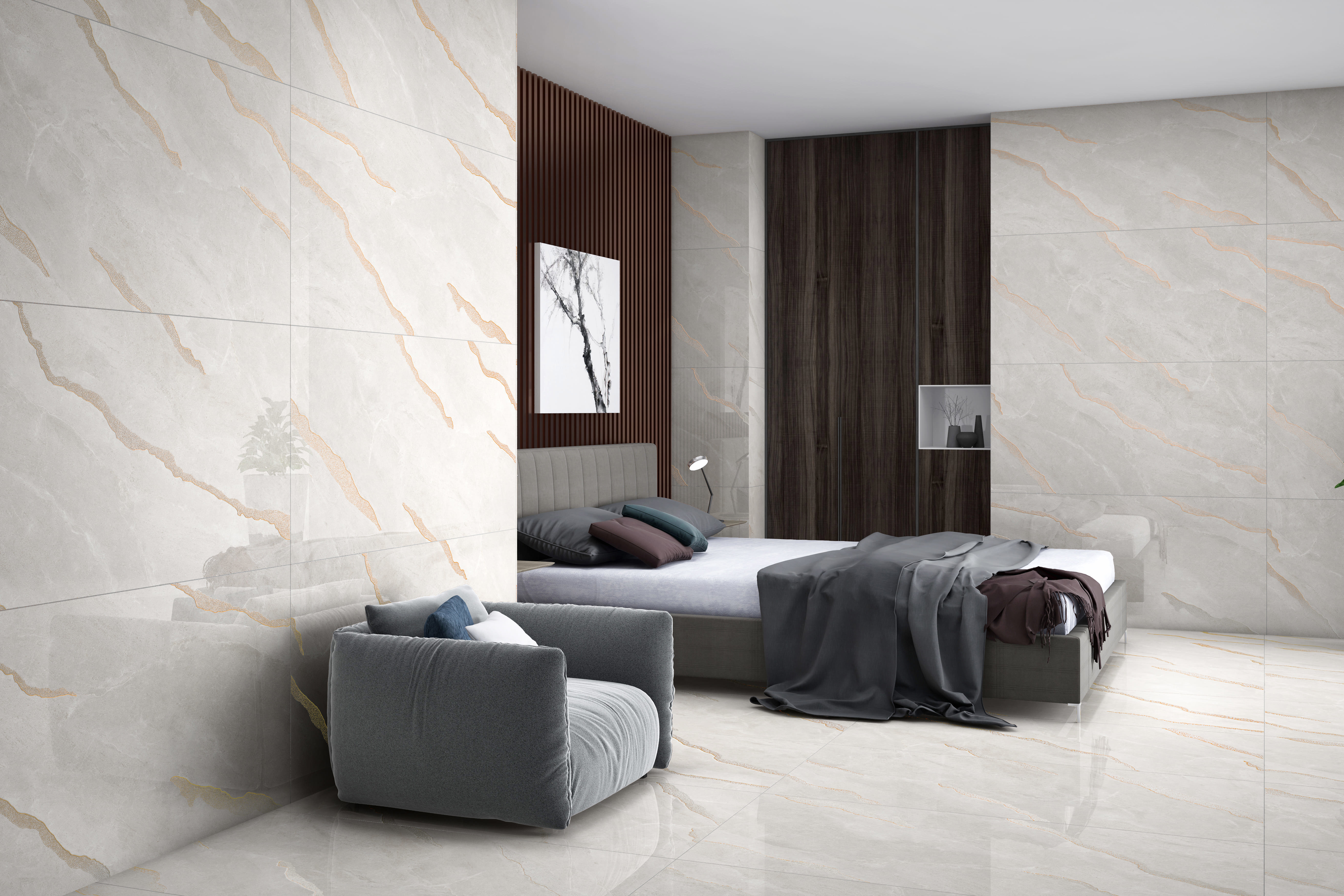 Изображение товара Керамогранит Kerald Hite Onyx 60x120 см бежевый с золотистыми прожилками