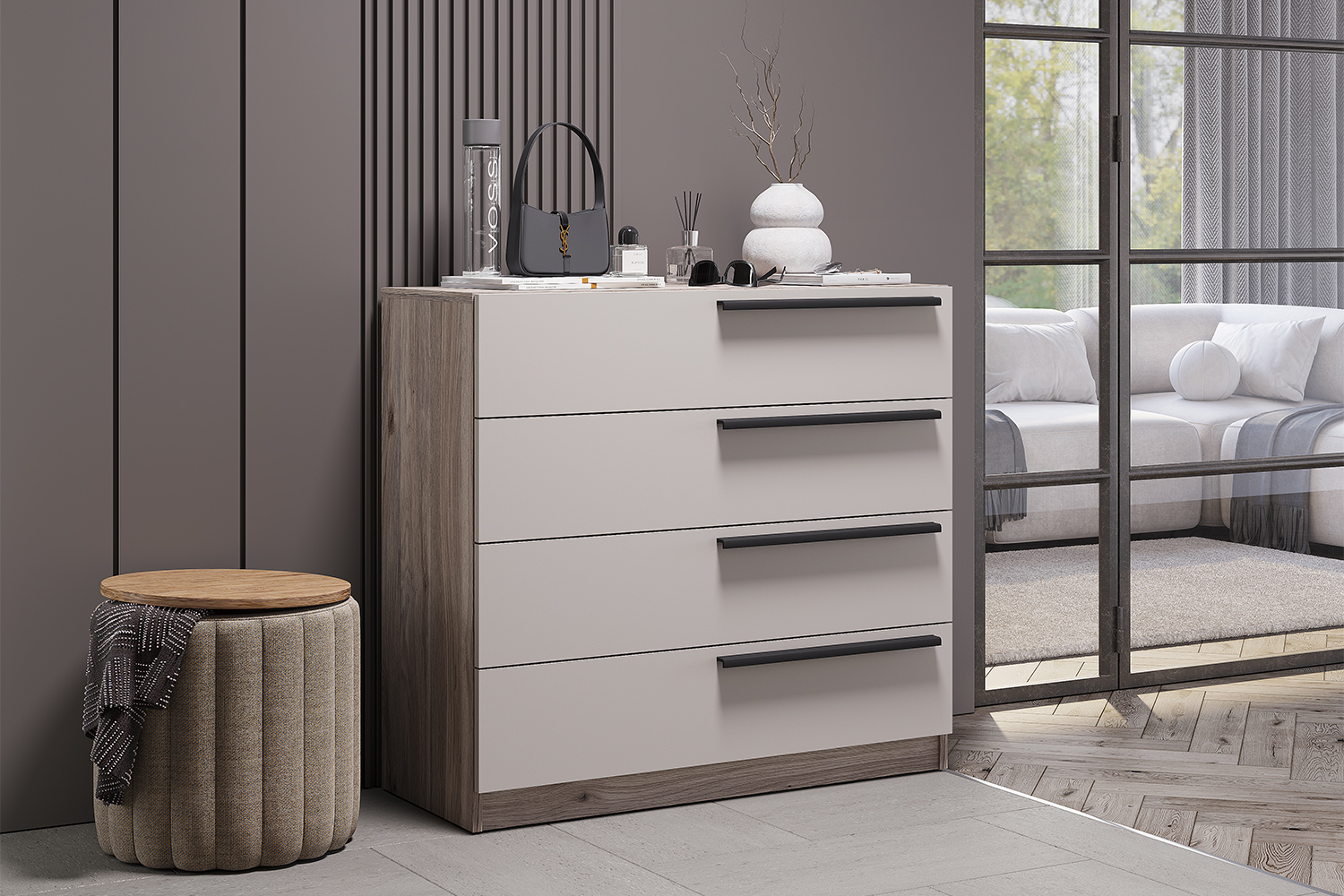 Изображение товара Комод Bts Урбан 4 ящика 90.2х37.2х83.3 см ЛДСП цвет дуб смоки/кашемир