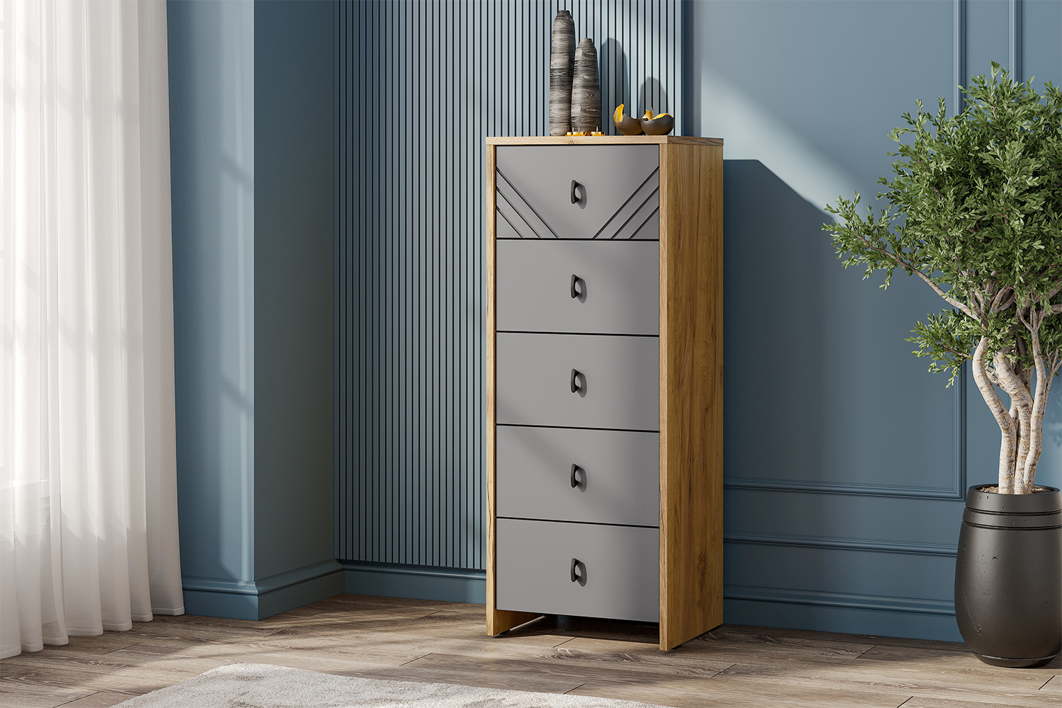 Изображение товара Комод SV-МЕБЕЛЬ Байкал Дуб золотой/Графит, 5 ящиков, 40.2x33.1x103 см