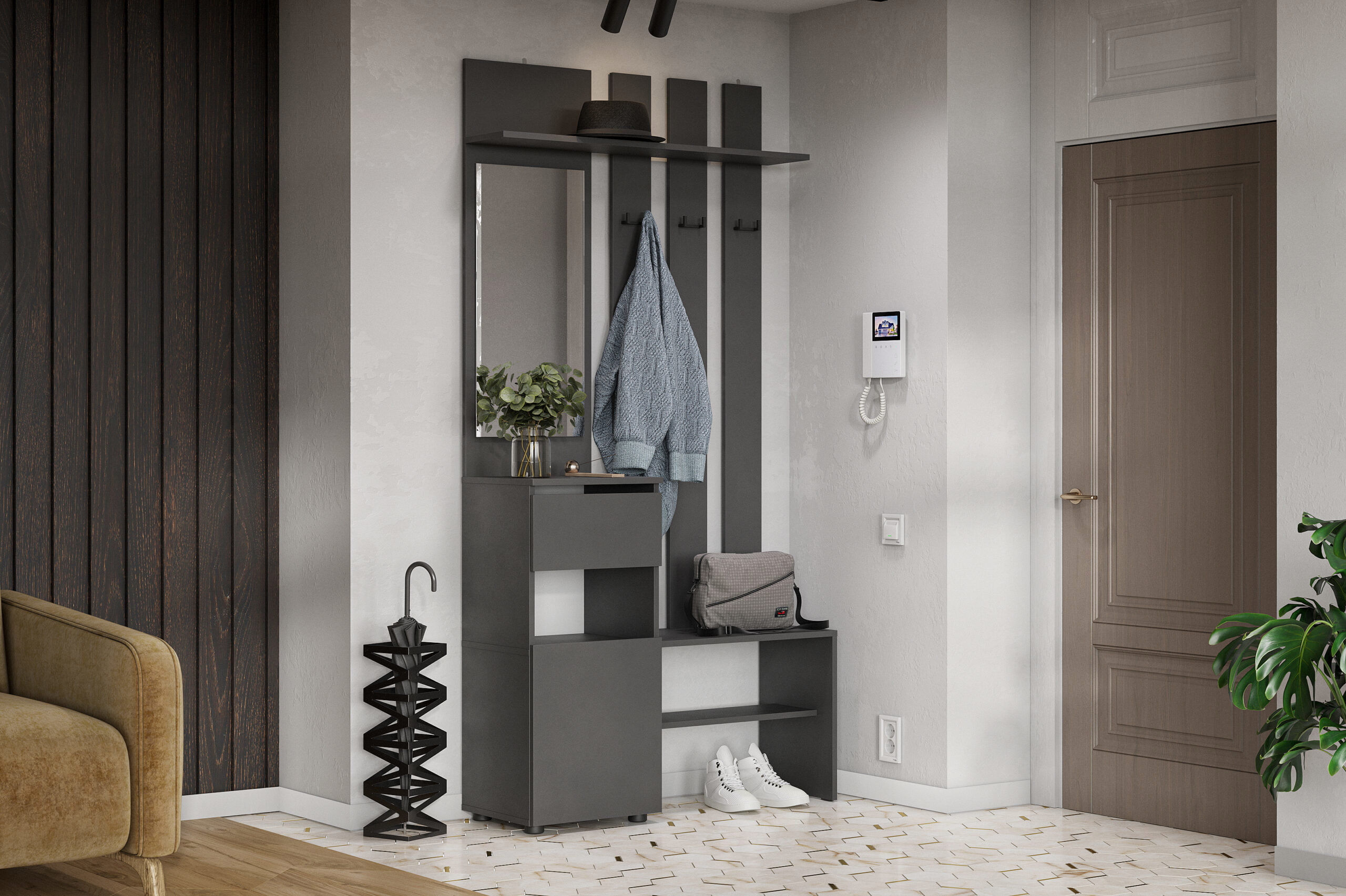 Изображение товара Комплект мебели для прихожей SV-мебель Денвер 100.1x199.9x33 см графит серый с зеркалом