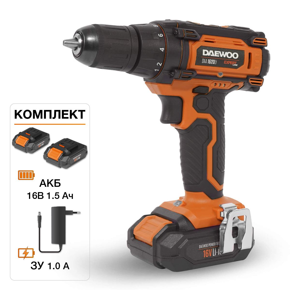 Изображение товара Дрель-шуруповерт аккумуляторная Daewoo DAA 1620Li, 16.8 В Li 2x1.5 Ач Изображение товара Дрель-шуруповерт аккумуляторная Daewoo DAA 1620Li, 16.8 В Li 2x1.5 Ач