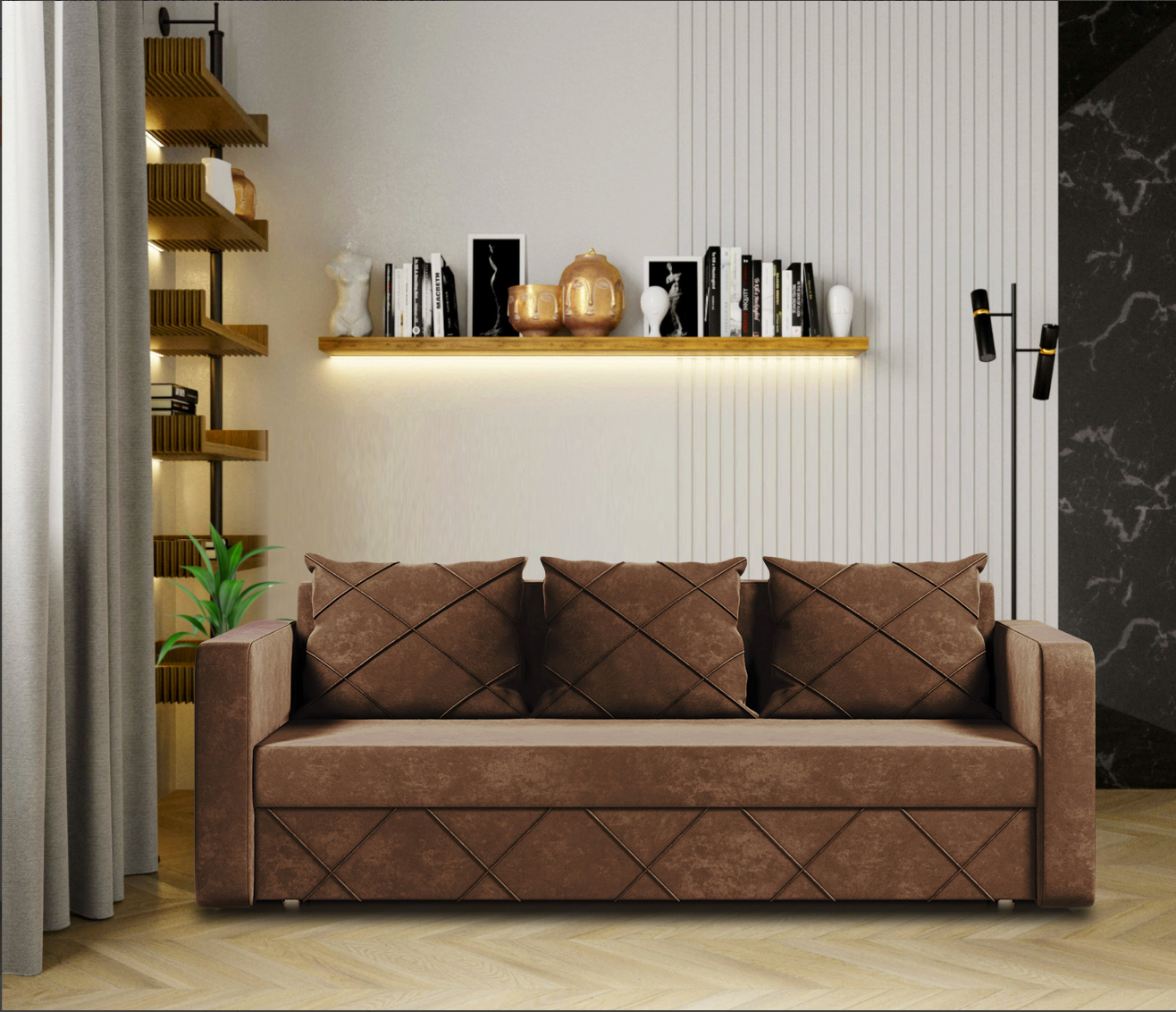 Изображение товара Диван раскладной Meblines Стелла 210x70x91 см велюр коричневый современный дизайн