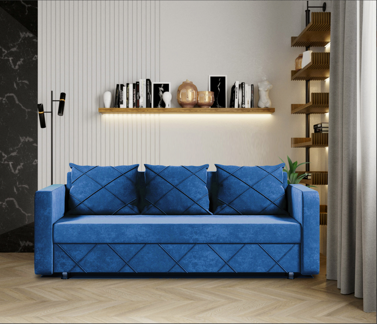 Изображение товара Диван раскладной Meblines Стелла 210x70 см велюр синий современный дизайн