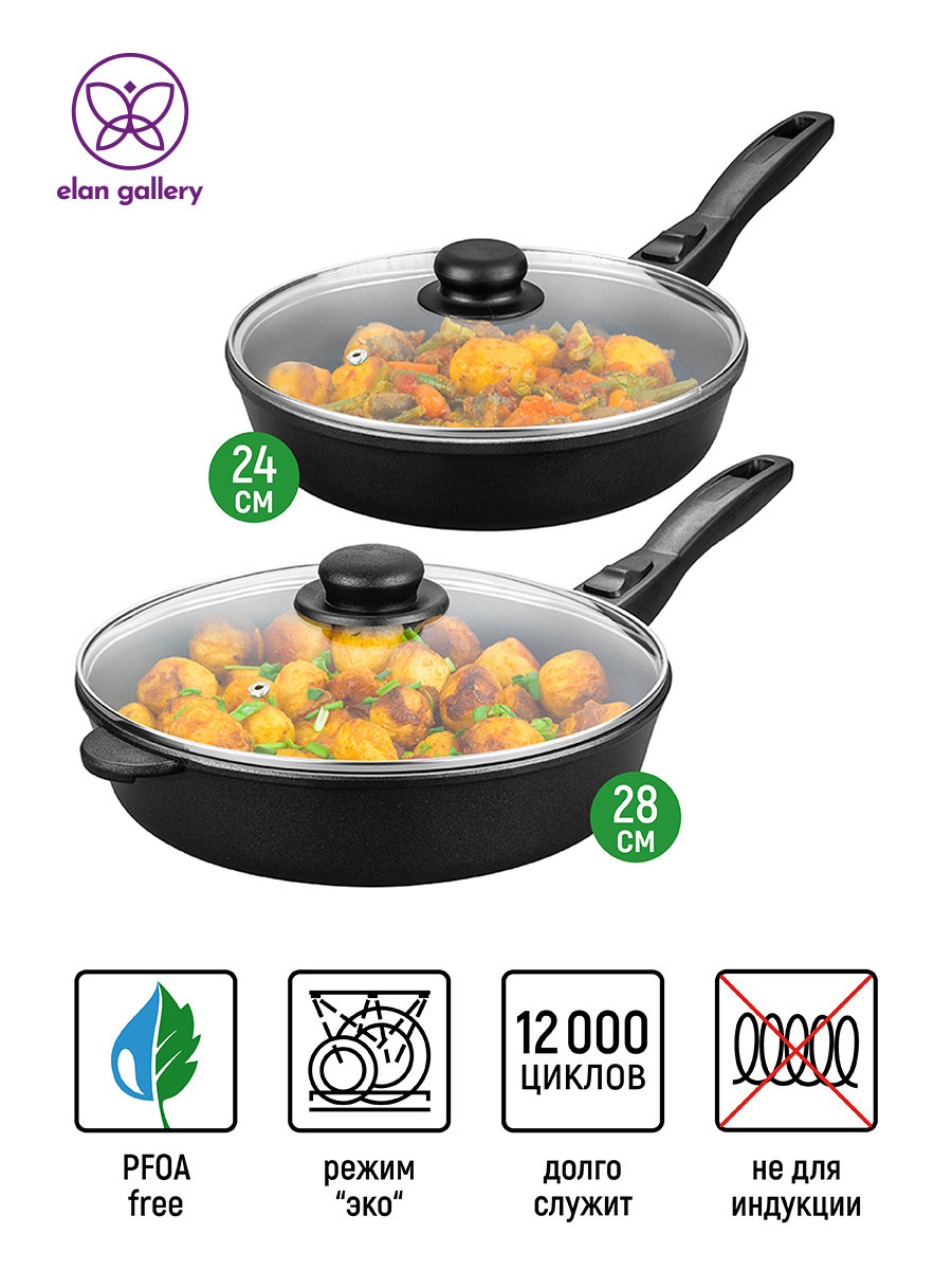 Изображение товара Набор посуды с крышкой Elan Gallery 120303+2 алюминиевое литье черный прозрачный