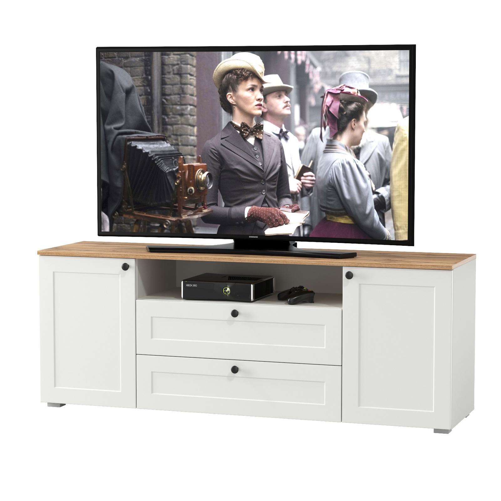 Изображение товара Тумба под телевизор Mobi Остин 16.47 160x61x42 см 2 ящика ЛДСП цвет белый шагрень/дуб крафт золотой