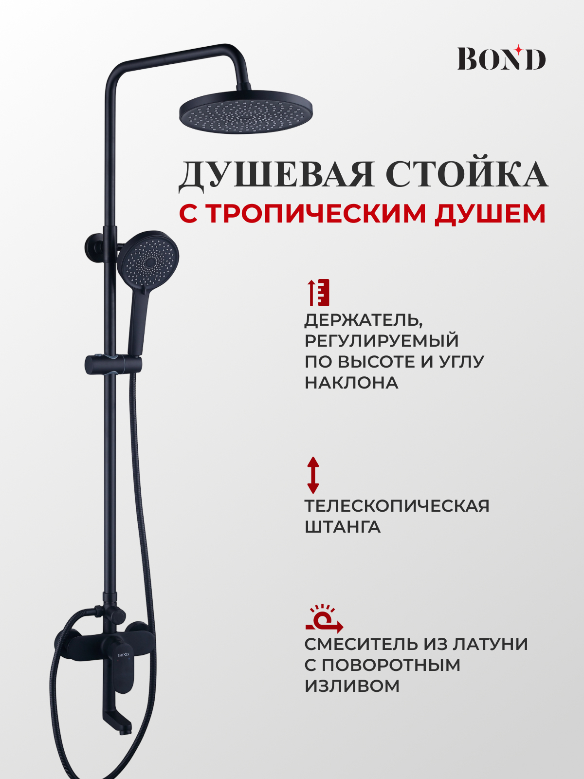 Изображение товара Душевая система BOND Circle B01-9188 черный матовый тропический и ручной душ с режимами