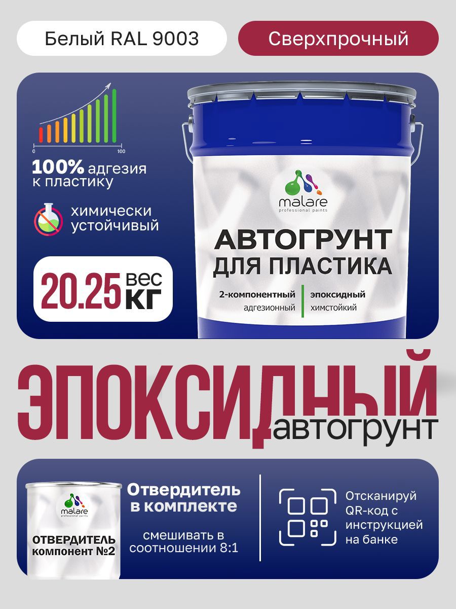 Изображение товара Грунтовка для пластика автомобиля эпоксидная двухкомпонентная Malare Titan адгезионная химстойкая цвет белый RAL 9003 18 кг и 1.8 кг отвердитель