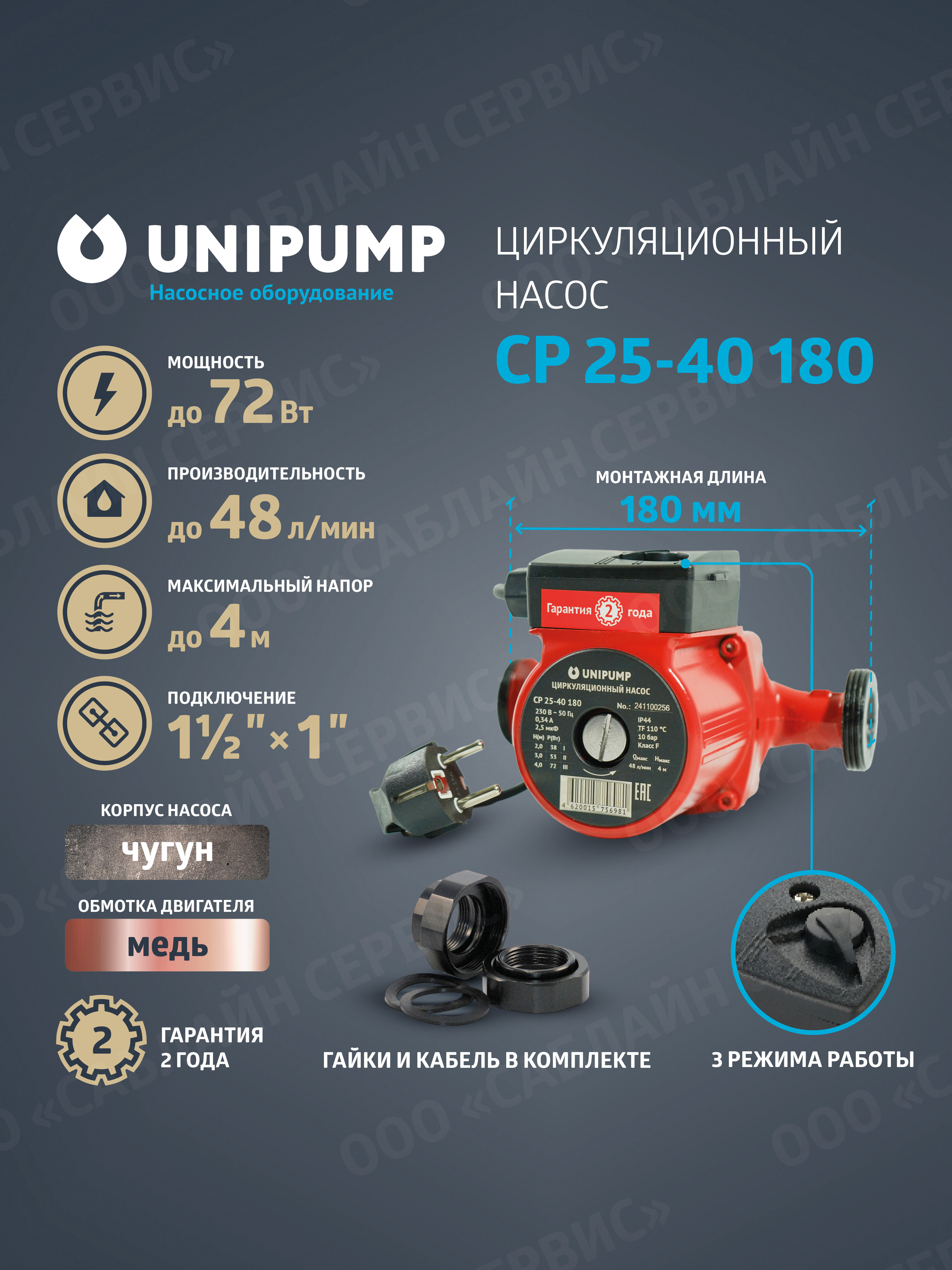 Изображение товара Циркуляционный насос Unipump 67353 25/4 180 чугун, резьбовое соединение, 72 Вт