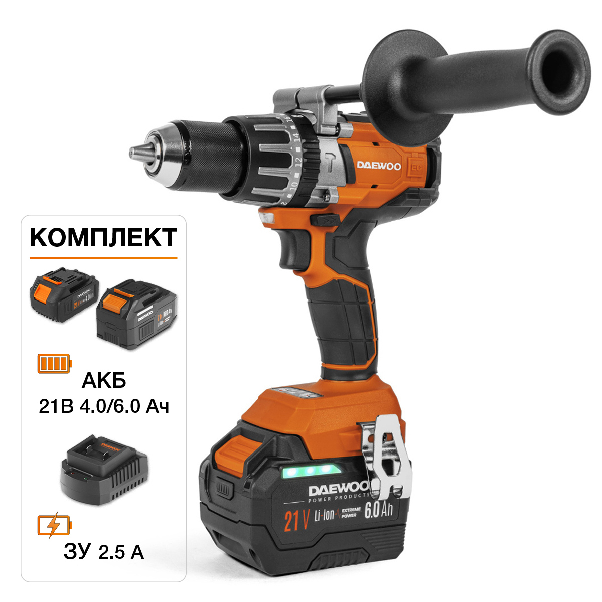 Изображение товара Дрель-шуруповерт аккумуляторная ударная бесщеточная Daewoo DAA 2161Li, 21 В Li-Ion 2x6 Ач
