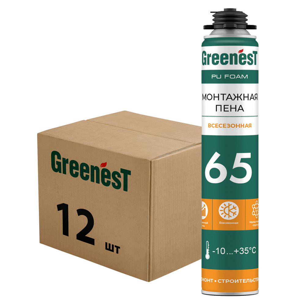 Изображение товара Пена монтажная Greenest всесезонная 65 л для плотного крепления и изоляции