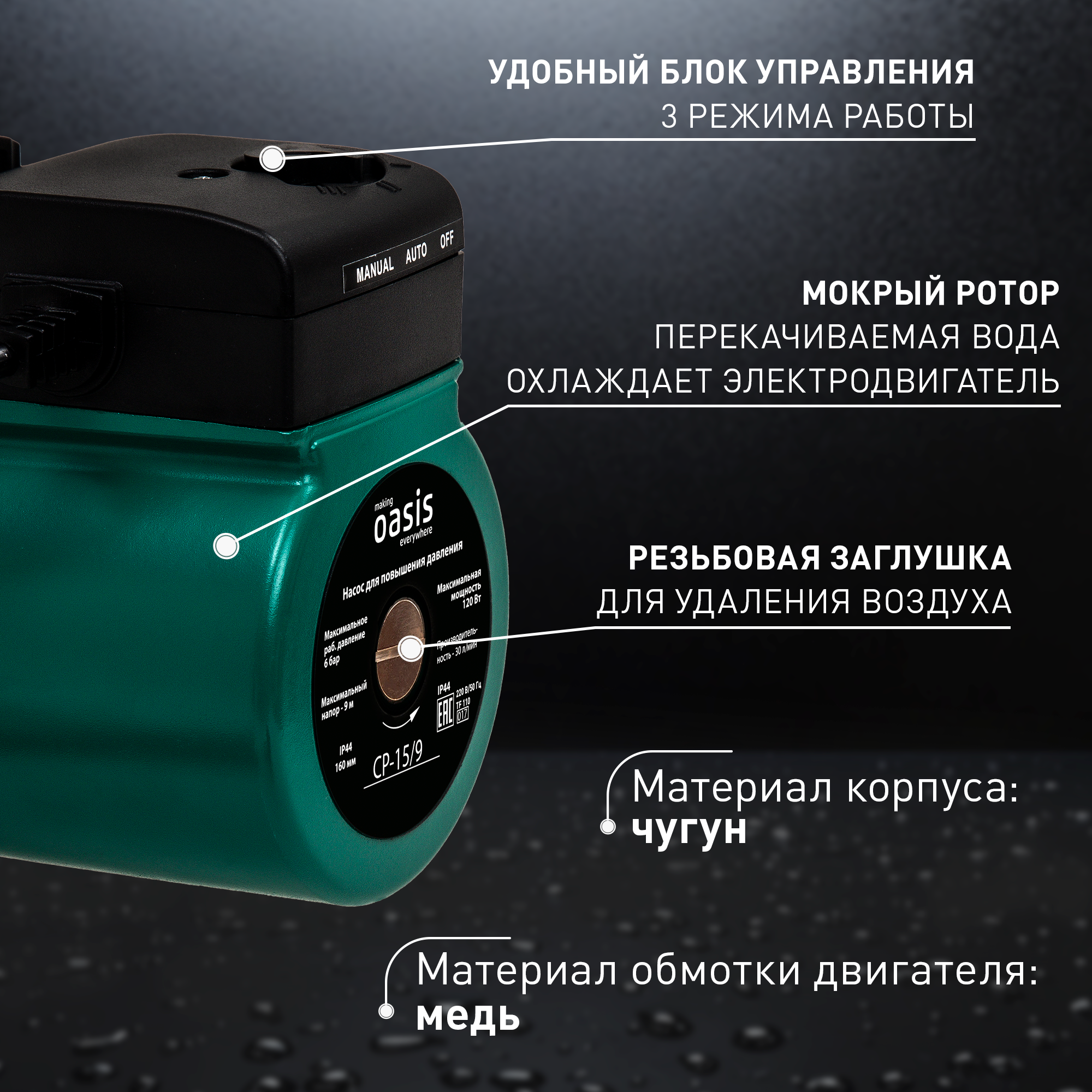 Насос повышения давления Oasis CNP 15/9 160 мм с гайками 1/2" - 4