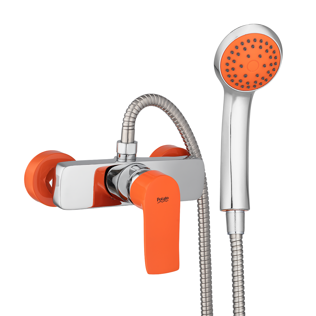 Изображение товара Смеситель для ванны POTATO P2032-10 без излива с душевым набором, хромированный с оранжевой ручкой и лейкой