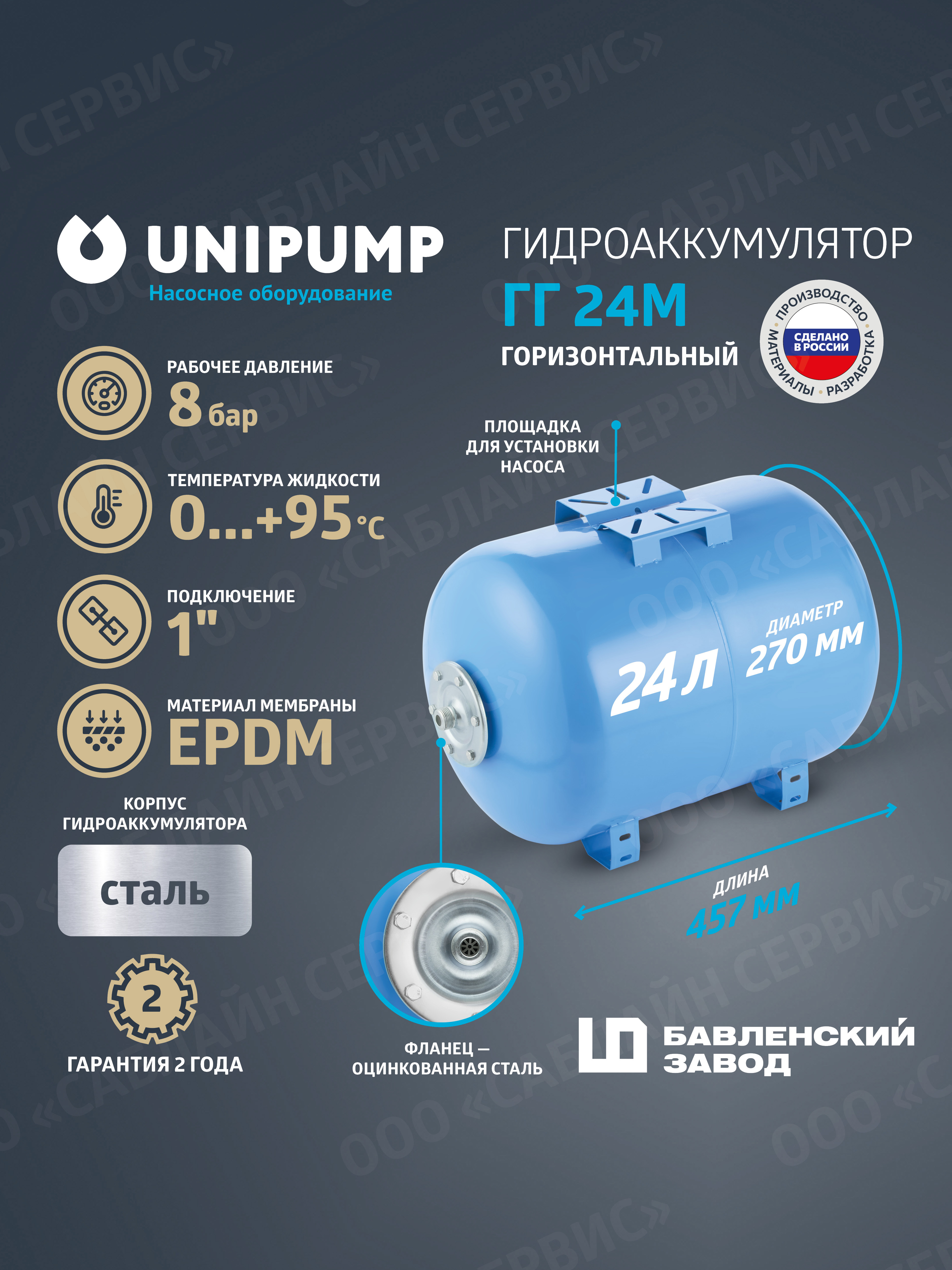 Изображение товара Гидроаккумулятор горизонтальный 24 л Unipump 18157 1" синий Изображение товара Гидроаккумулятор горизонтальный 24 л Unipump 18157 1" синий