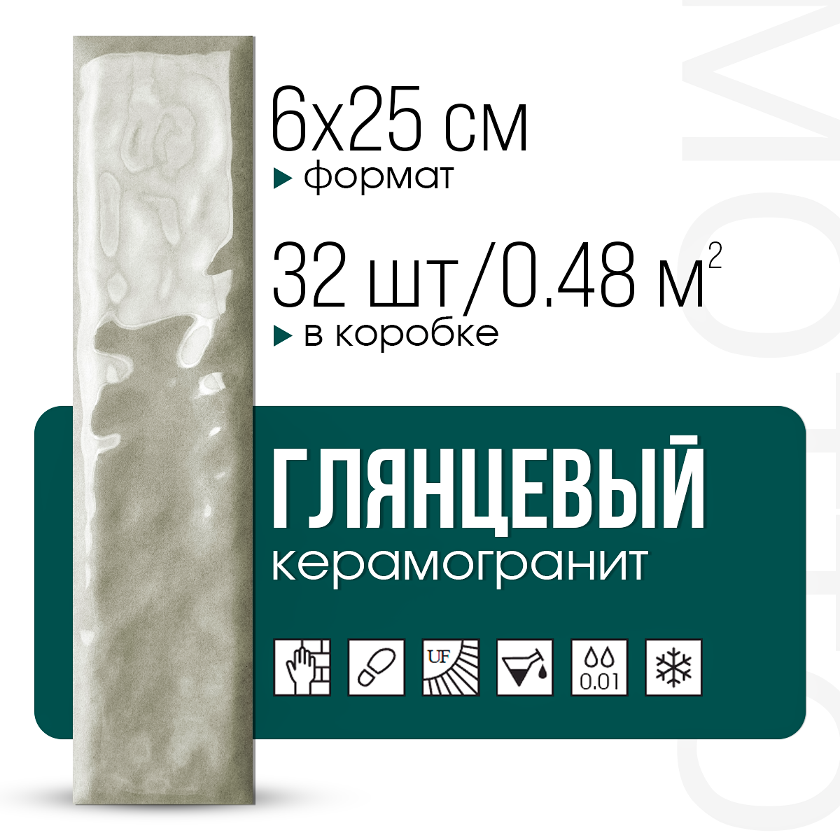 Изображение товара Керамогранит Motto Levels N100031 6x25см серый глянцевый для внутренней и наружной отделки