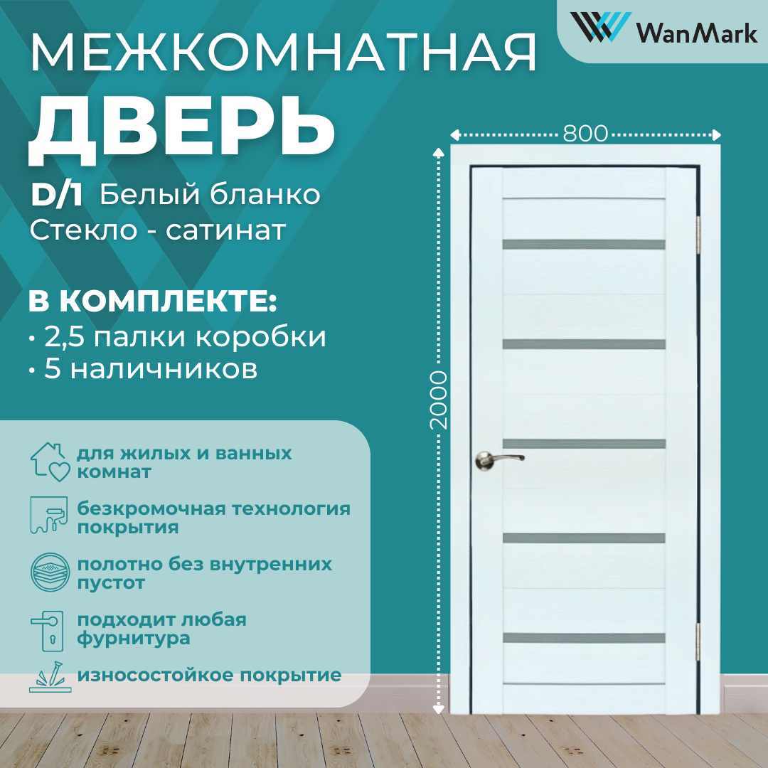 Изображение товара Дверь Wanmark D1 остеклённая 200x80 см ПВХ белая с коробкой и наличниками