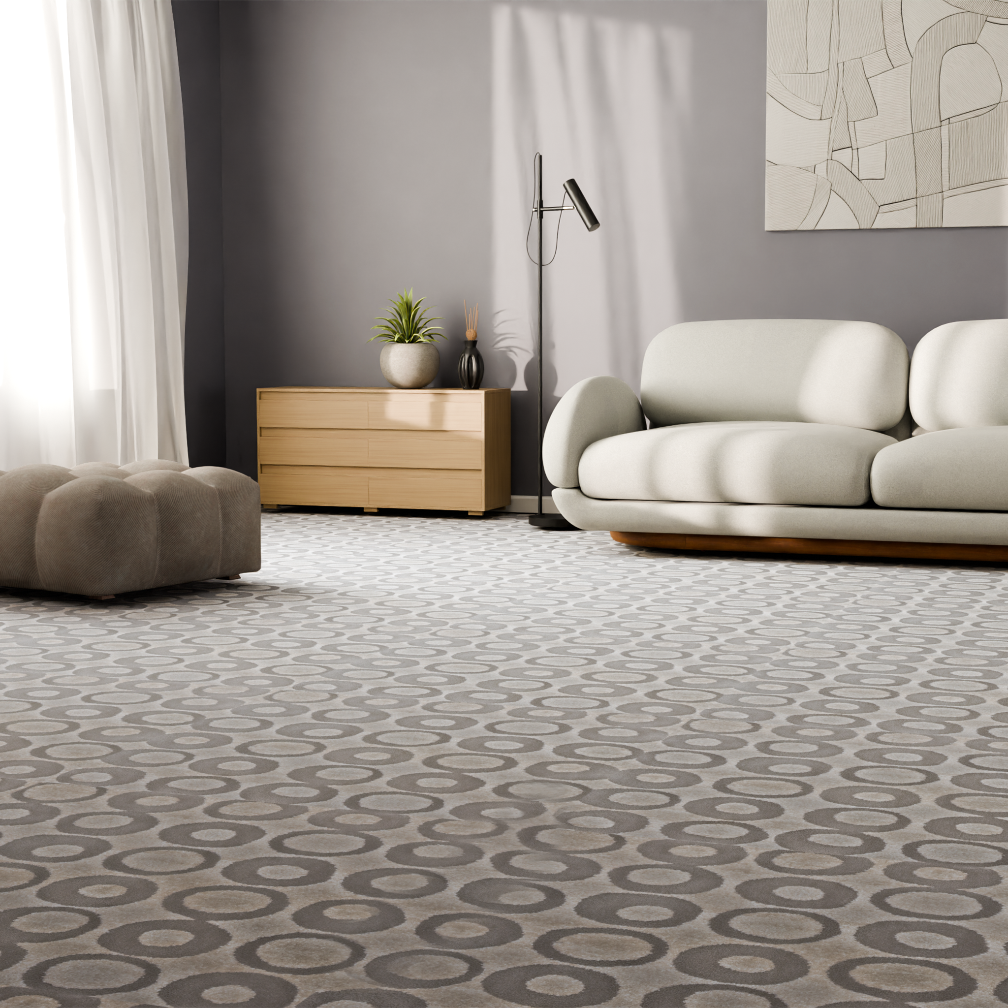 Изображение товара Ковровое покрытие "Фризе Тач Кружочки" 3 м бежевое, полипропилен, с рисунком