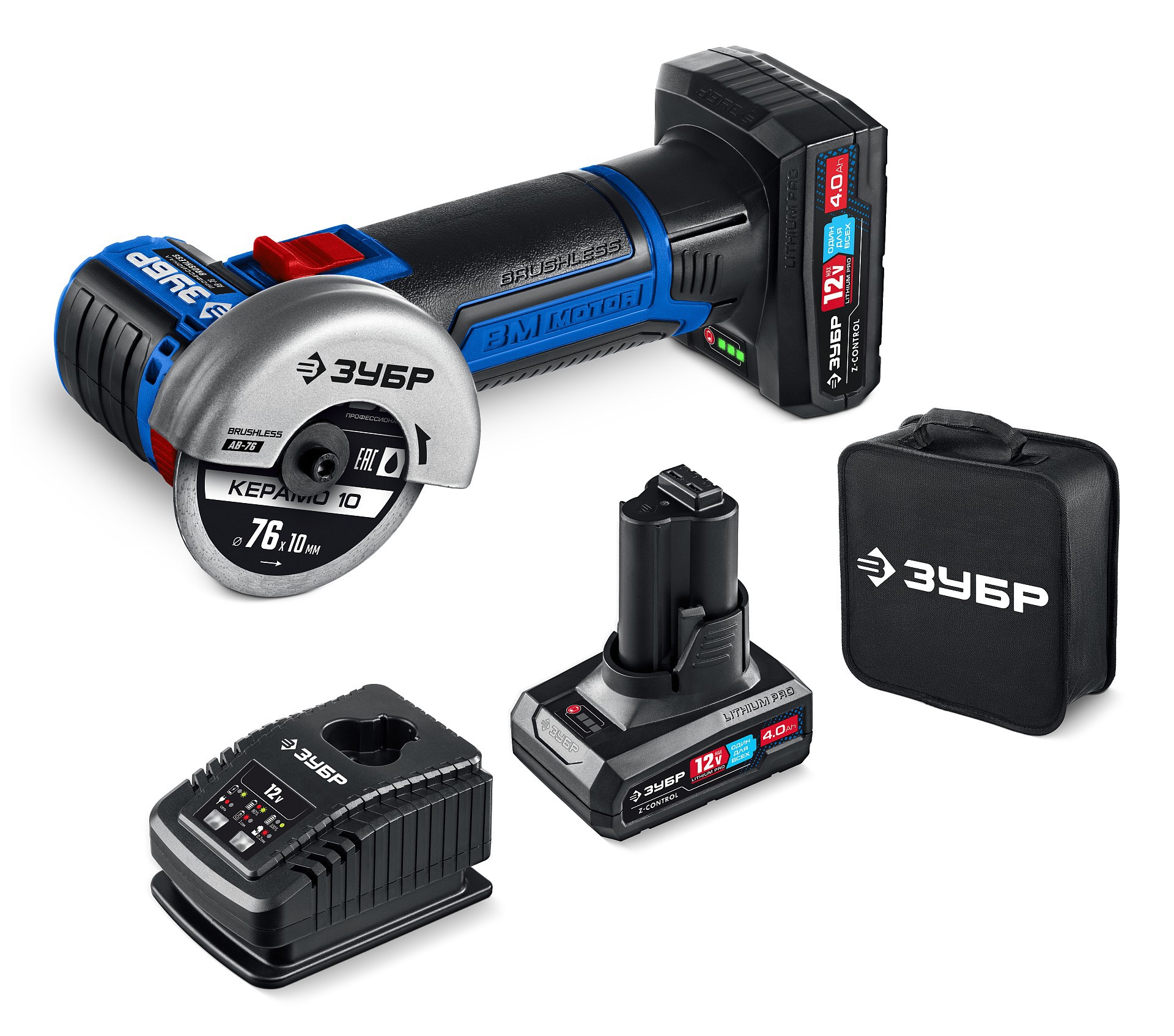 Изображение товара Ушм аккумуляторная бесщеточная Зубр AB-76-42, 12 В Li-Ion 2x4 Ач, 76 мм