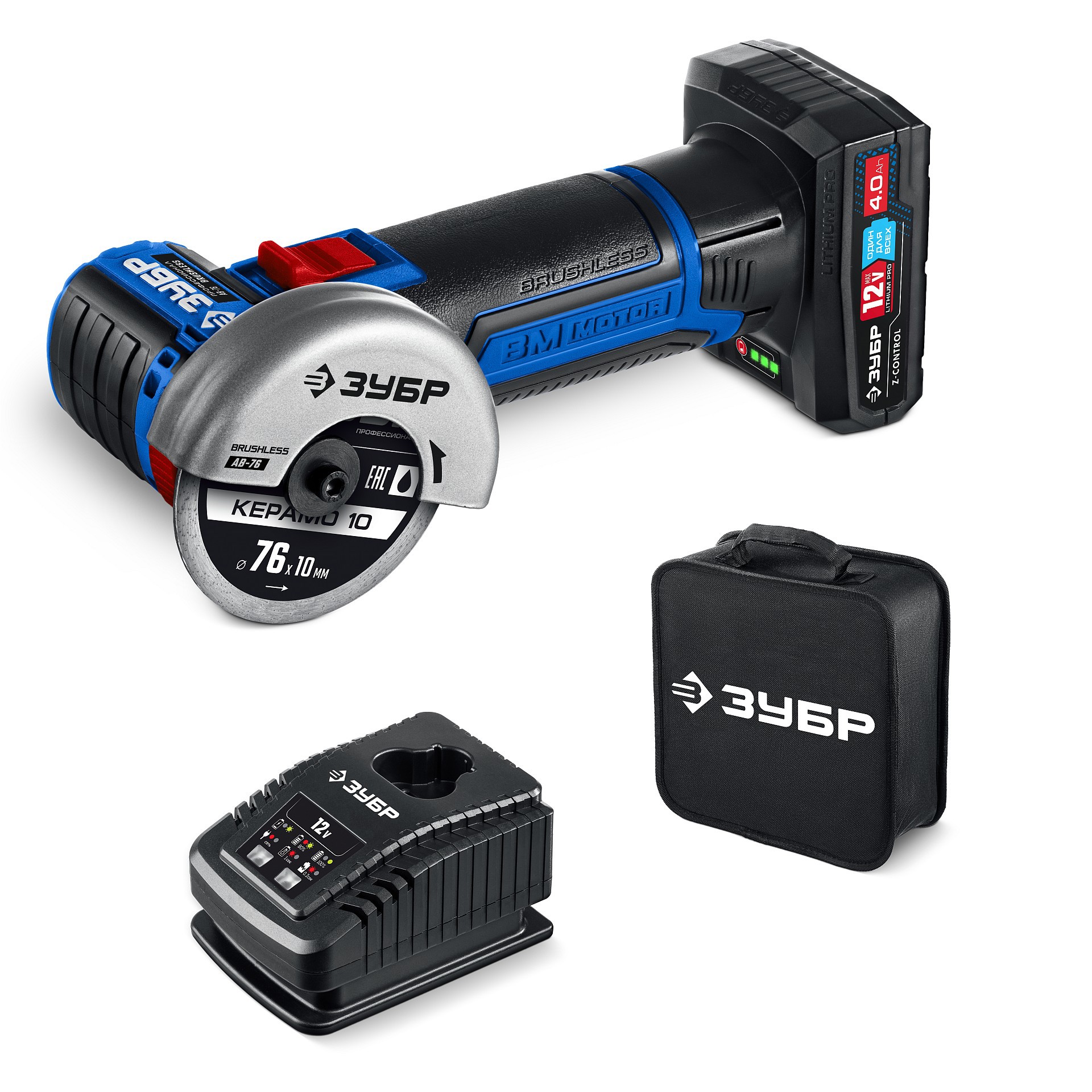 Изображение товара Ушм аккумуляторная бесщеточная Зубр AB-76-41, 12 В Li-Ion 1x4 Ач, 76 мм