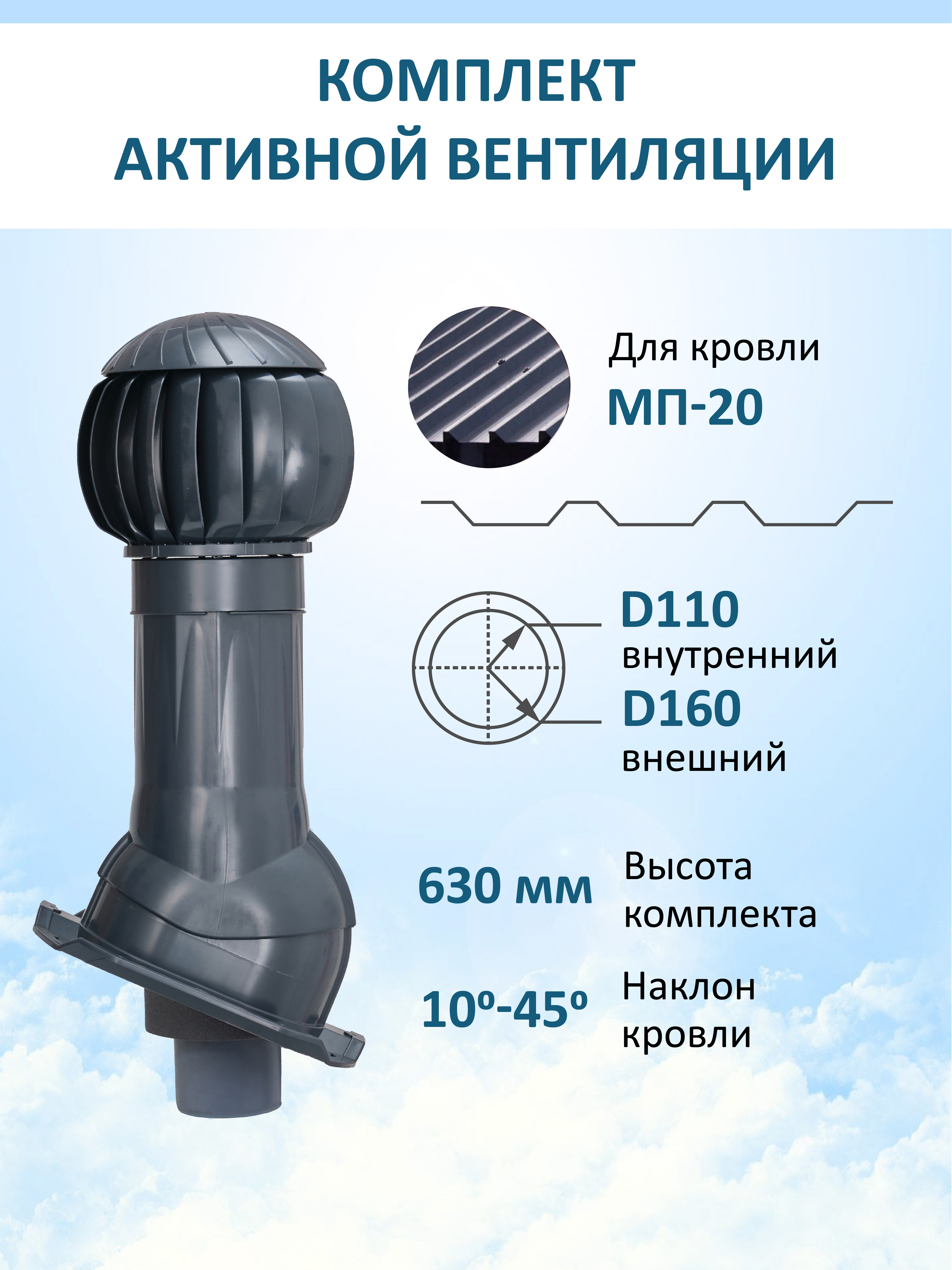 Изображение товара Комплект вентиляции с нанодефлектором Gervent для профнастила PROF-20 ⌀110/160мм RAL 7024