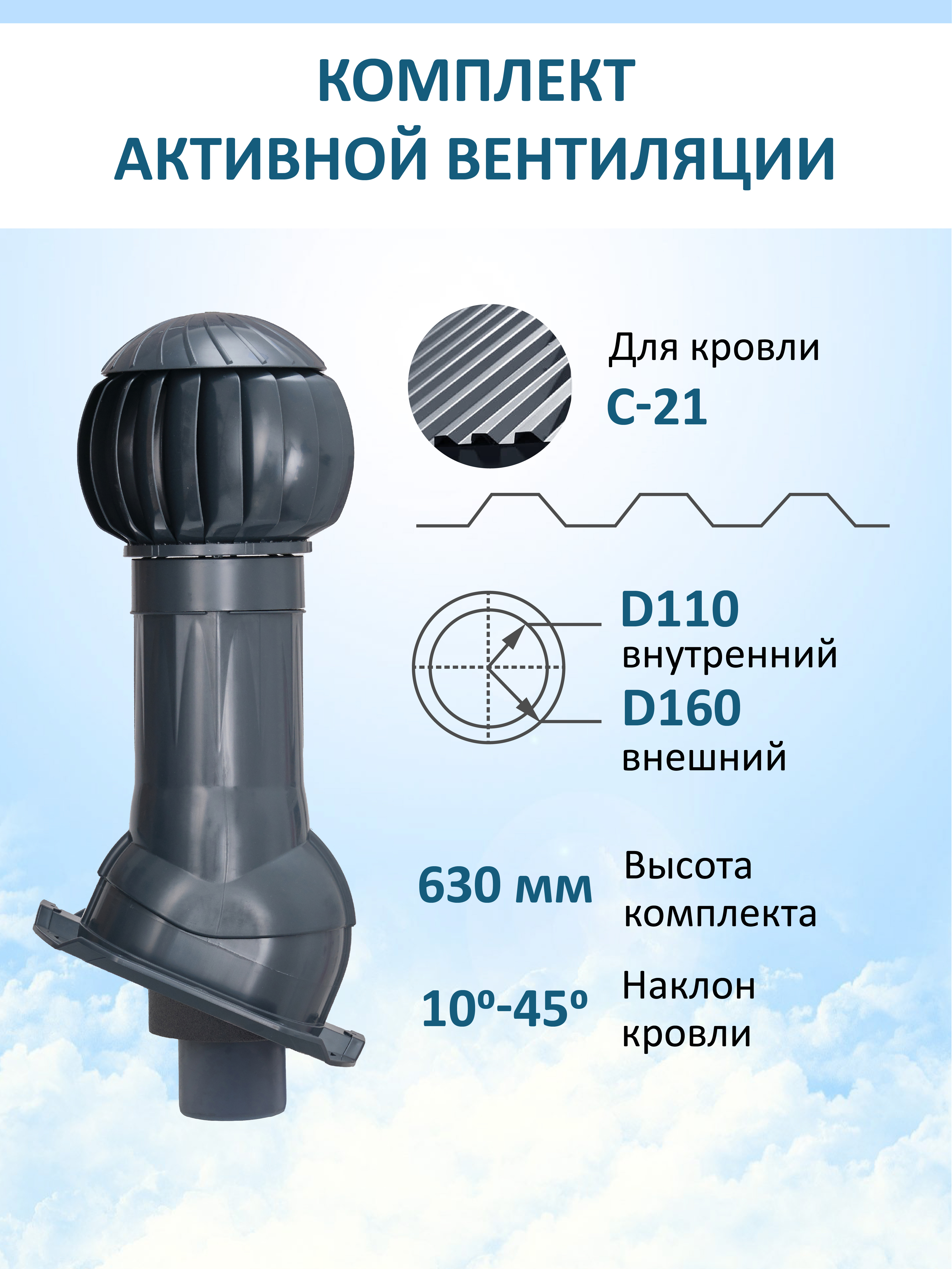 Изображение товара Комплект вентиляции с нанодефлектором Gervent для профнастила PROF-21 ⌀110/160мм RAL 7024
