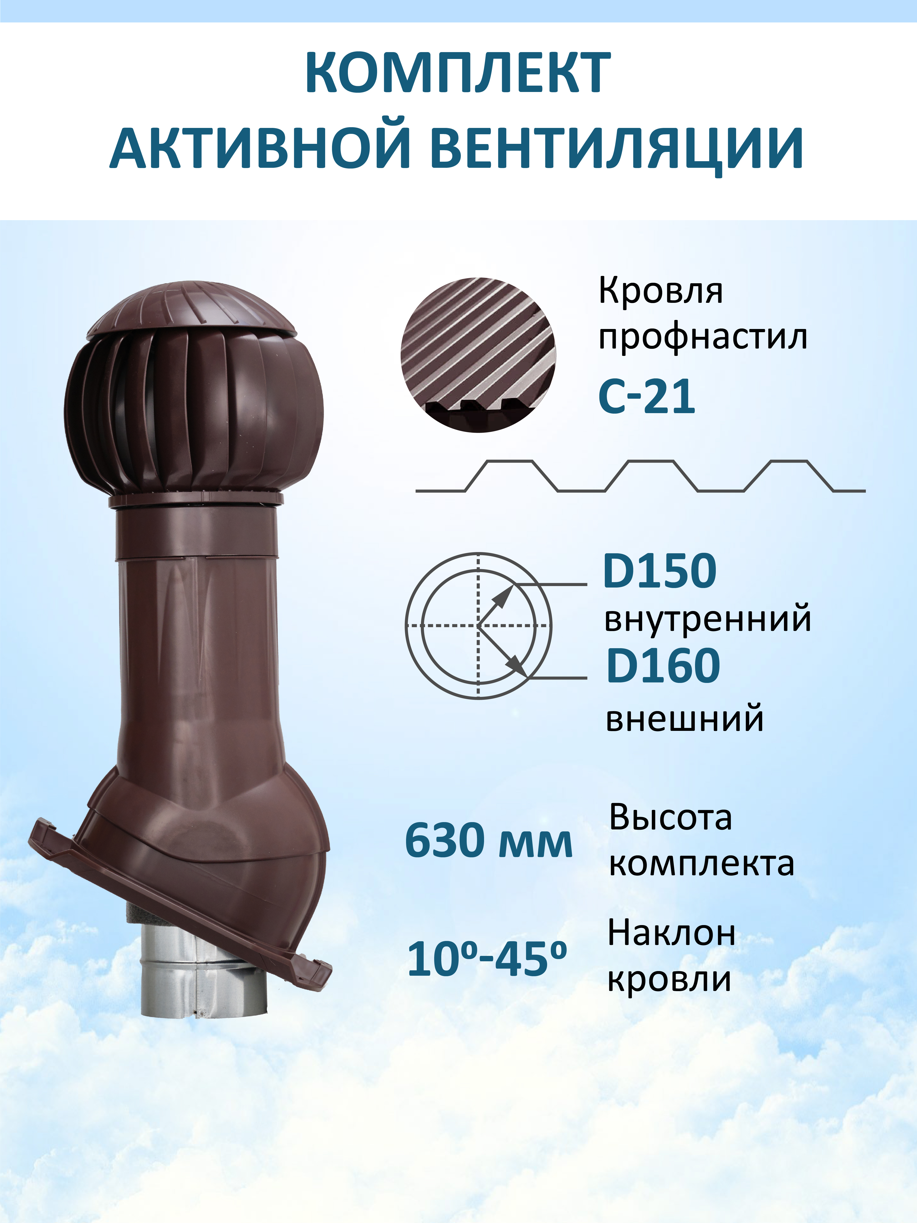 Изображение товара Комплект вентиляции с нанодефлектором Gervent для профнастила PROF-21 ⌀150/160мм RAL 8017