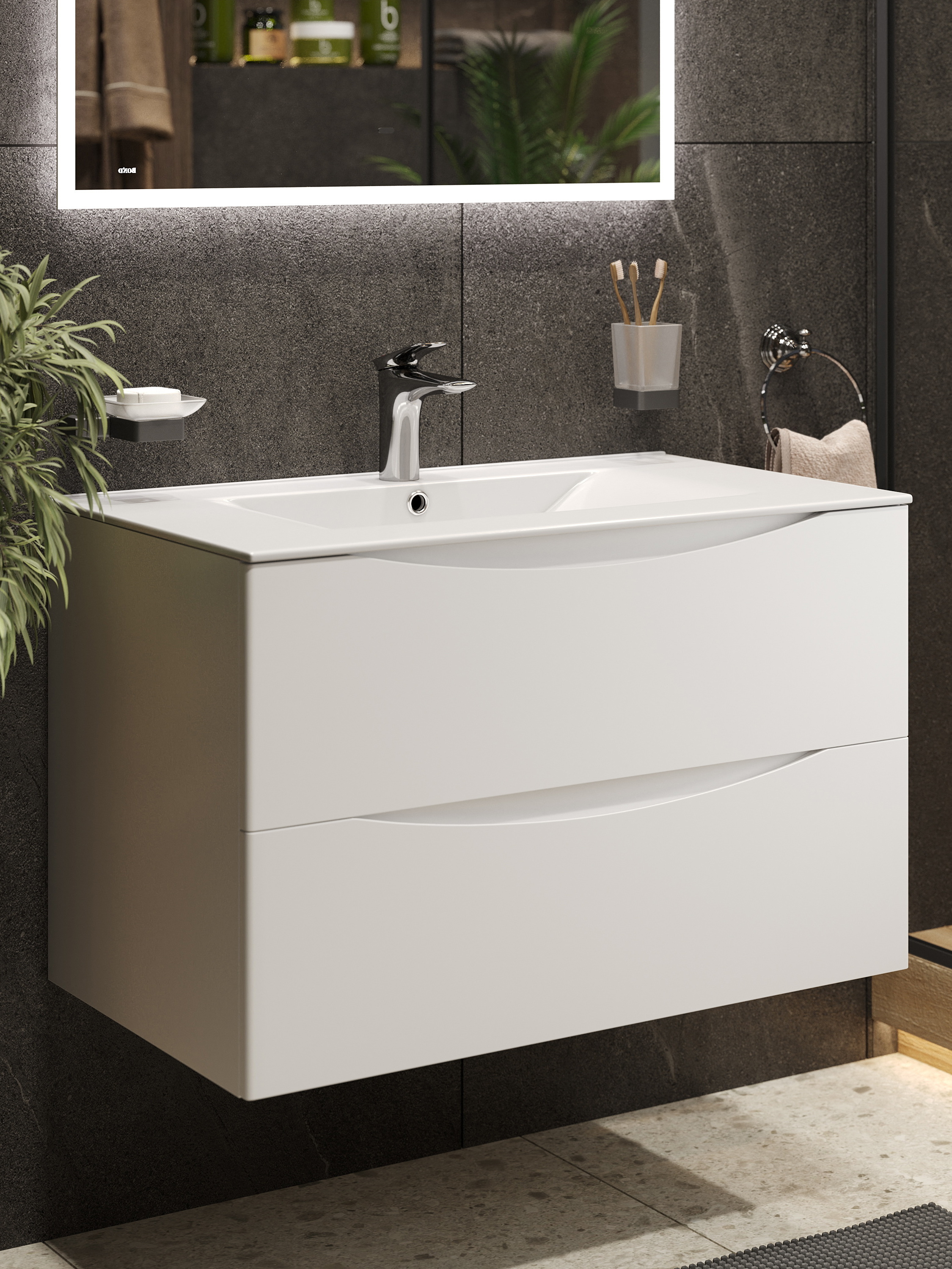 Изображение товара Подвесная белая тумба для ванной с раковиной 80 см Bond Wave T01800-S05W