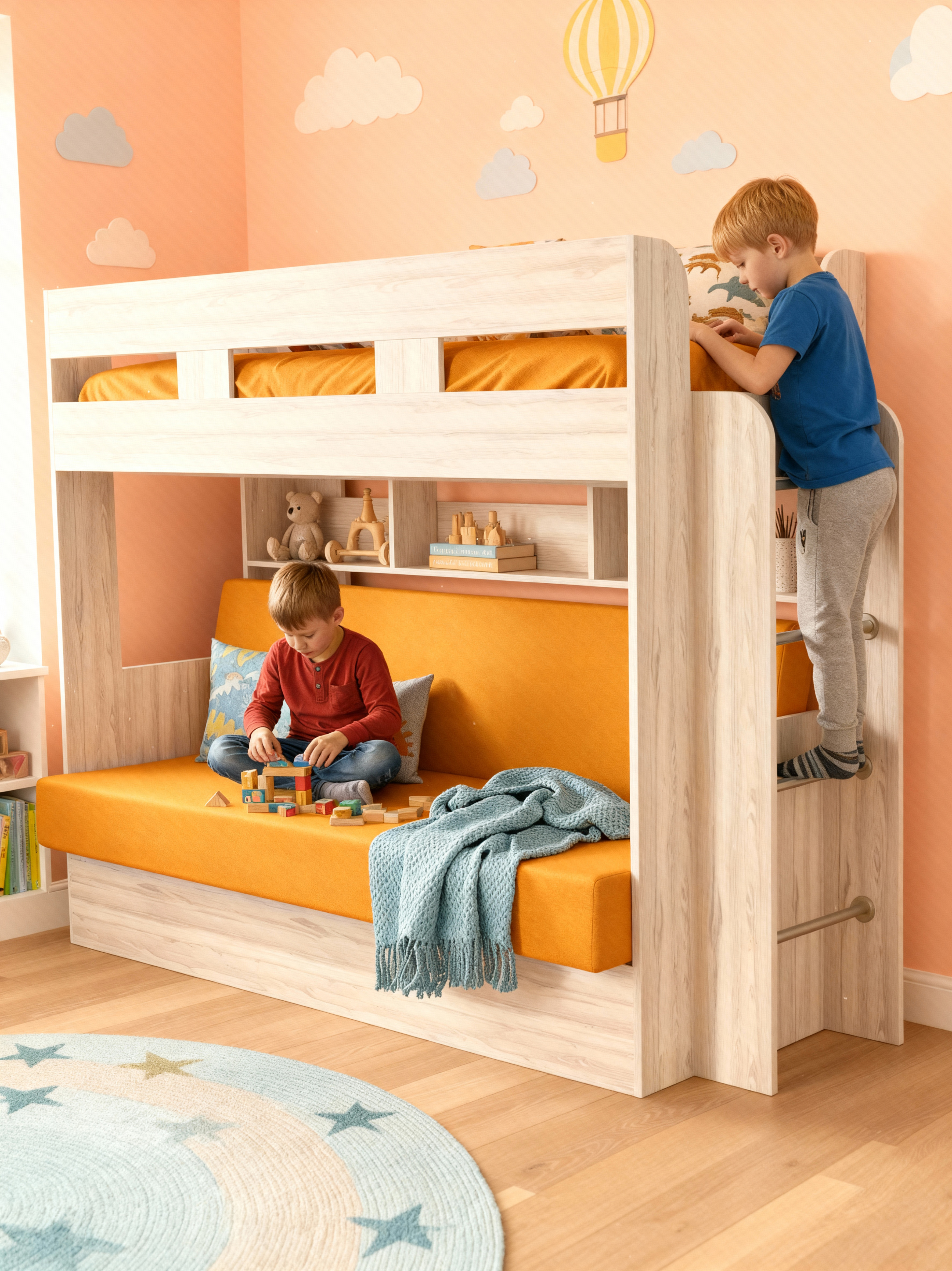 Изображение товара Двухъярусная кровать с диваном Кровати Дива 120x190 см белый горчичный