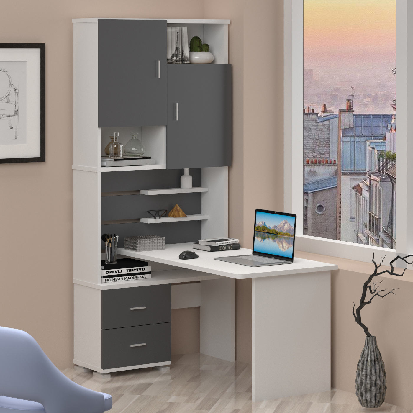 Изображение товара Письменный угловой стол Мэрдэс Ср 960x216 см ЛДСП белый и графит