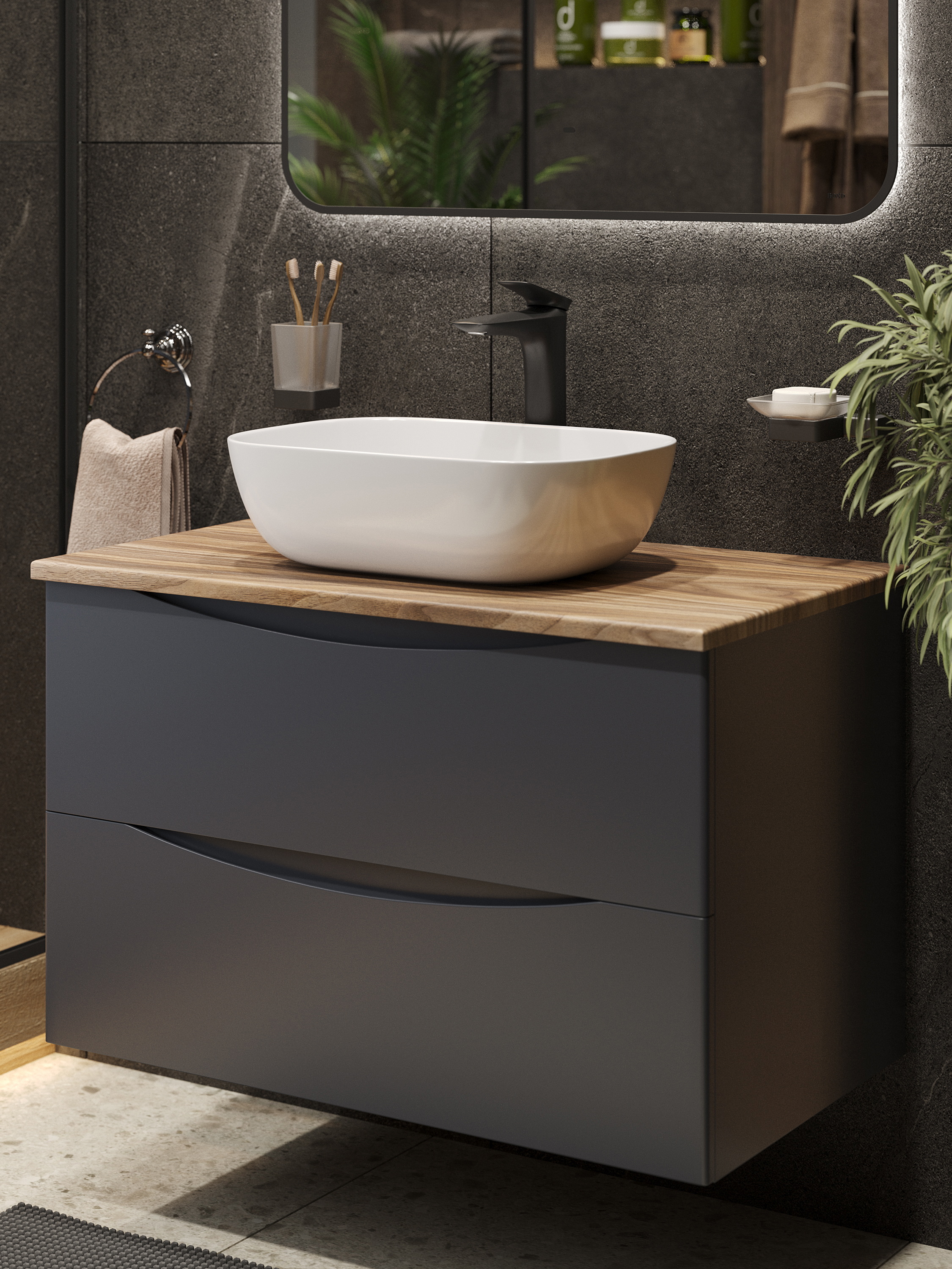 Изображение товара Тумба c раковиной Bond Cube T09807-S54450 подвесная серая со столешницей под дерево