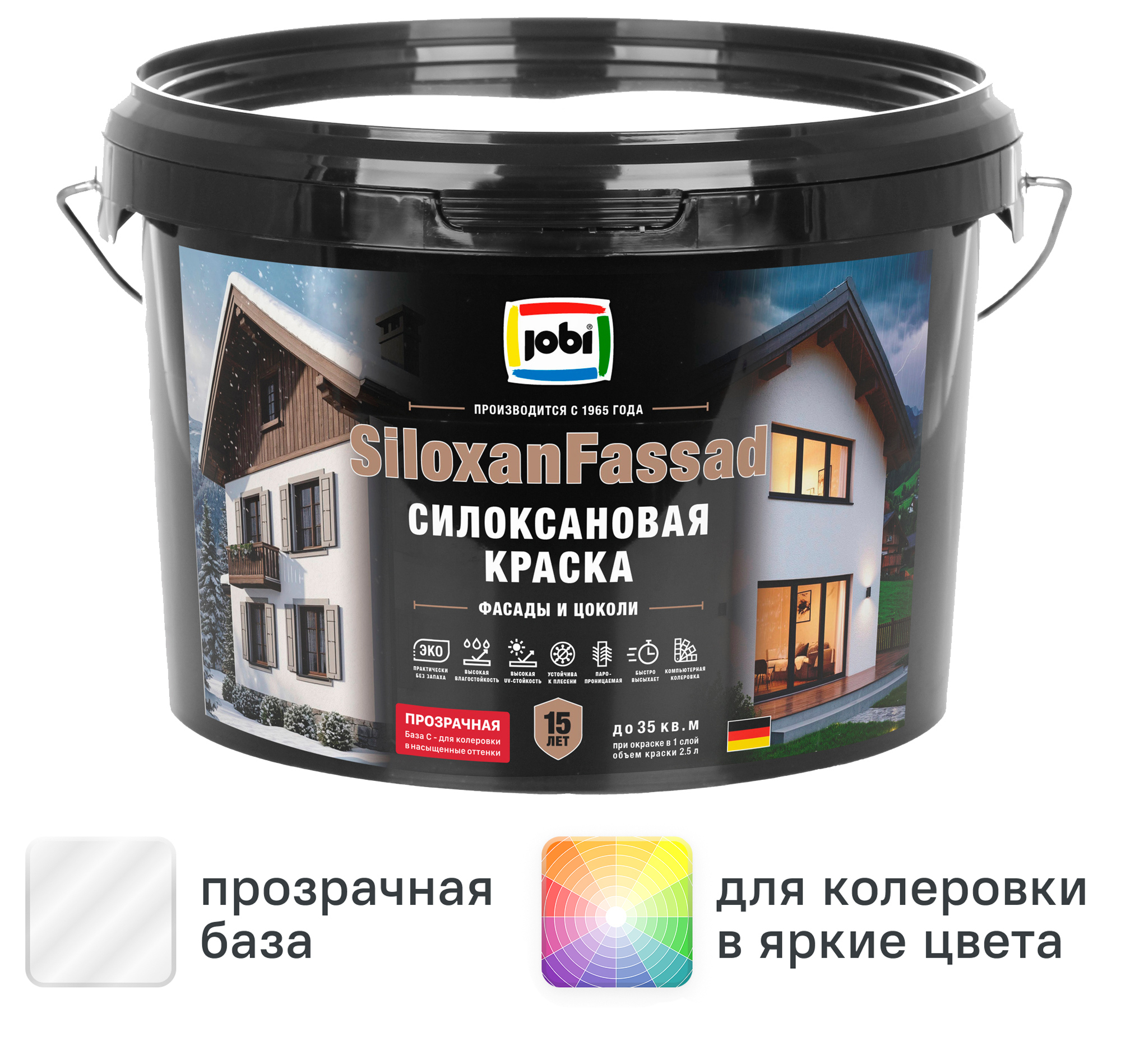 Изображение товара Фасадная краска Jobi Siloxanfassad матовая прозрачная 2,5 л для внешних работ