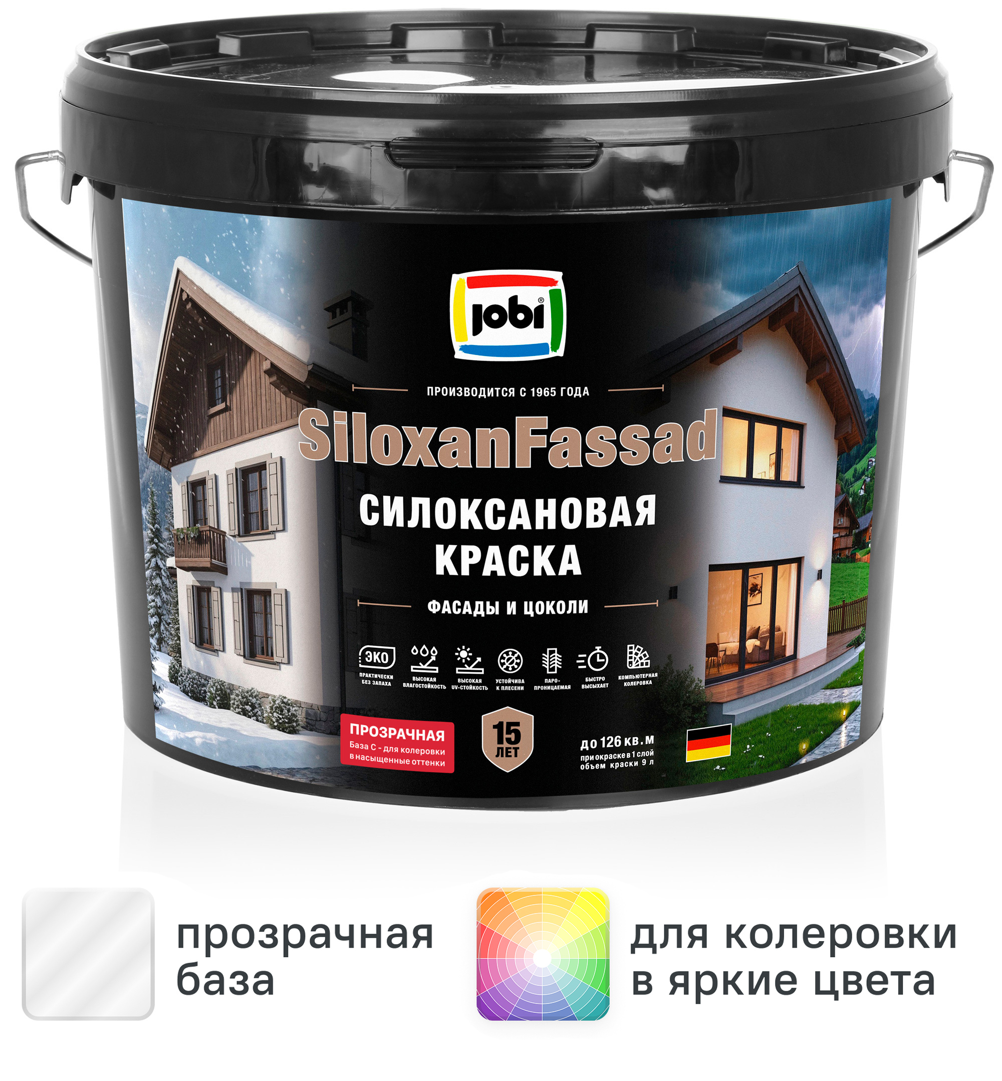 Изображение товара Краска фасадная Jobi Siloxanfassad матовая прозрачная база С 9 л