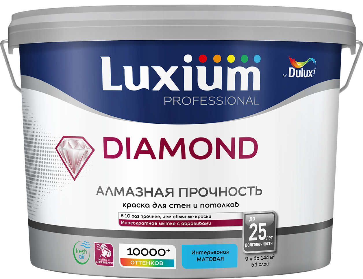 Изображение товара Краска для стен и потолков моющаяся Luxium Diamond матовая цвет белый база BW 9 л