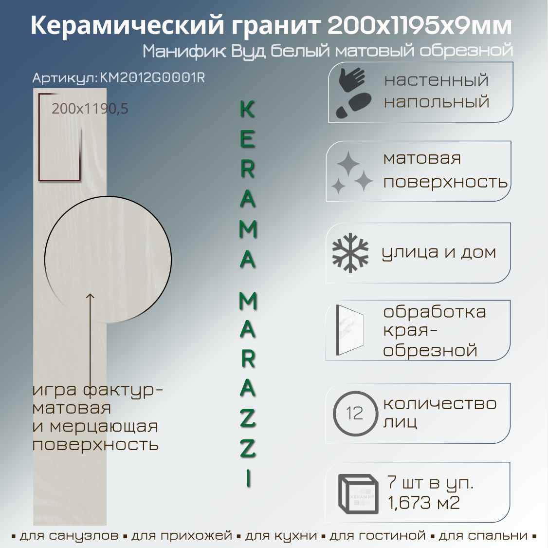 Изображение товара Керамогранит Kerama Marazzi Манифик Вуд 20x119.5 см белый для пола и стен