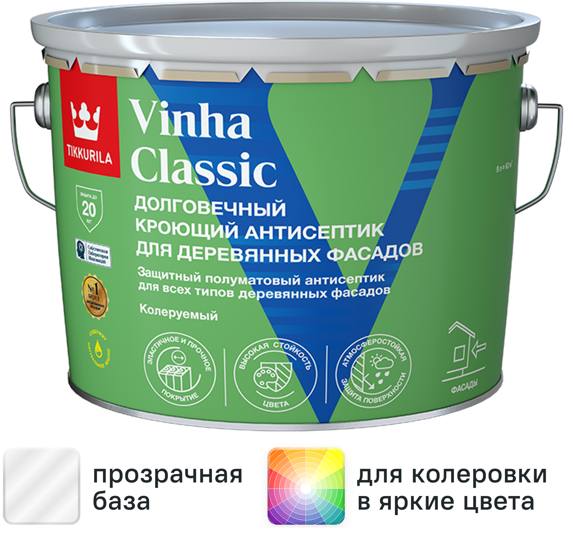 Изображение товара Антисептик кроющий Tikkurila Vinha Classic VC полуматовый прозрачный 9 л