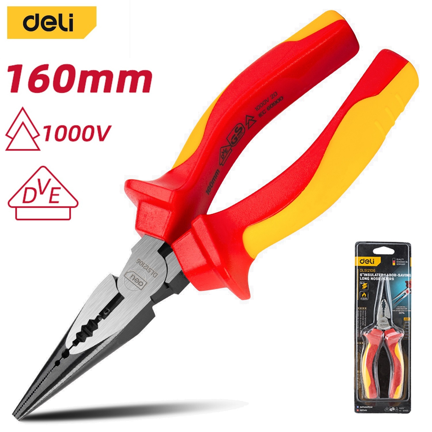 Изображение товара Плоскогубцы DELI DL512106 160 мм с удлиненными губками и двойной изоляцией
