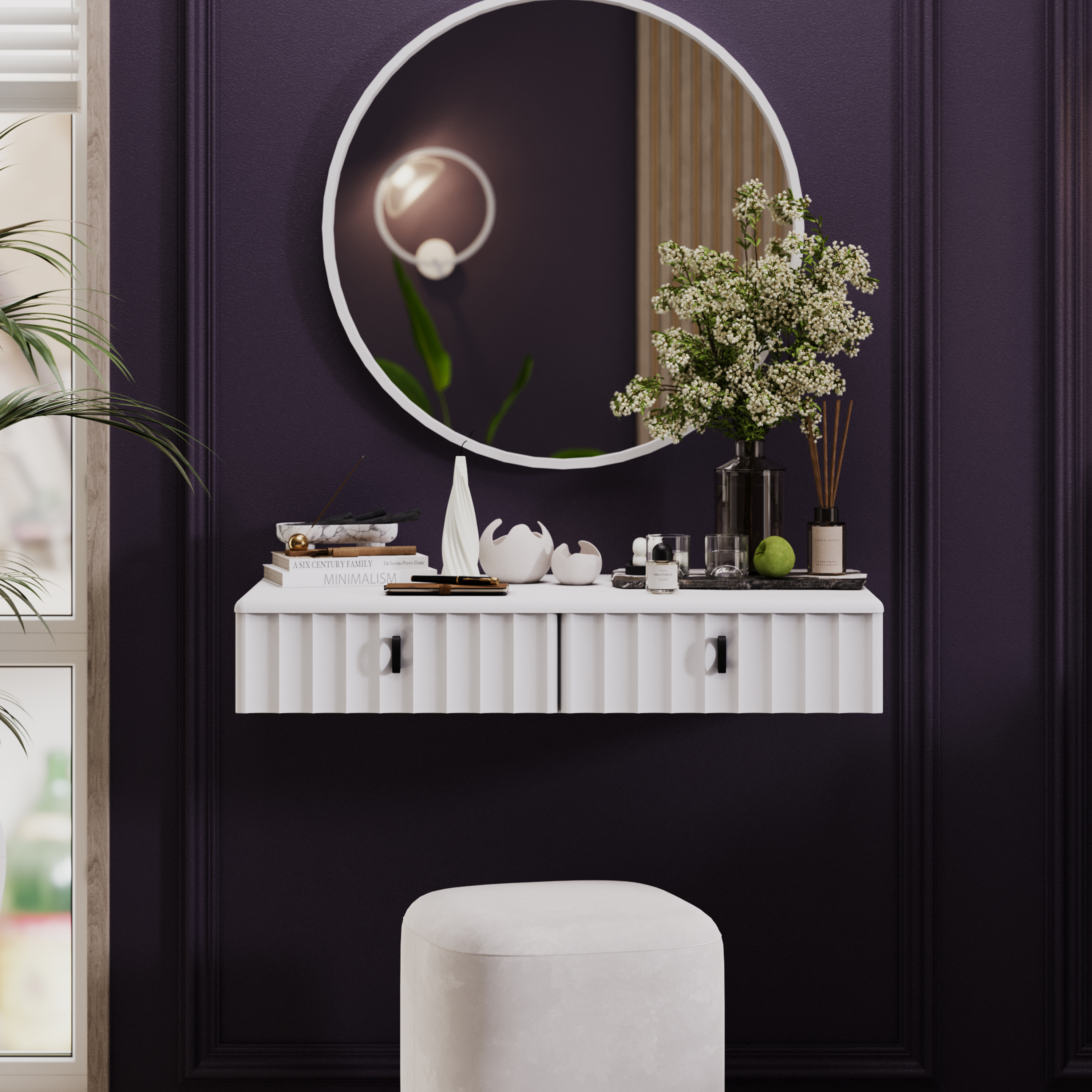 Изображение товара Туалетный столик ТриЯ Тиффани 87x15.5x42 см из ЛДСП белый с отделкой Жемчуг и Белый софт