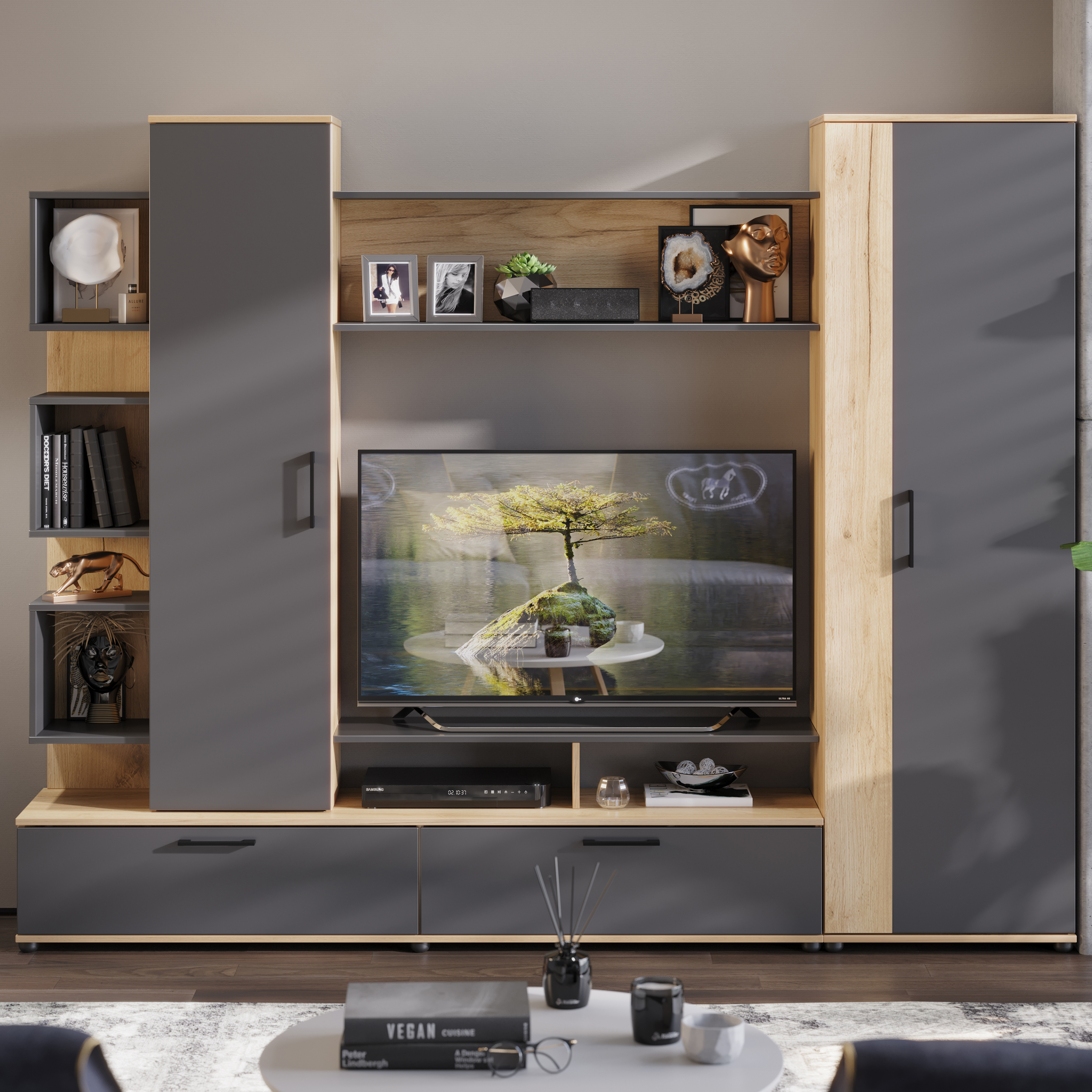 Изображение товара Шкаф для телевизора Трия Дакота 187x236x36 см ЛДСП антрацит дуб крафт золотой