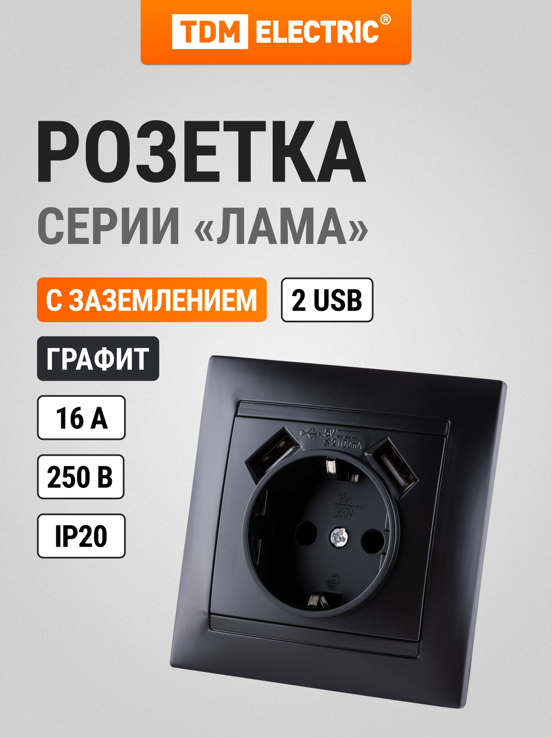 Изображение товара Розетка встраиваемая + 2 USB порта Tdm electric Лама SQ1815-0642 с заземлением, цвет графит