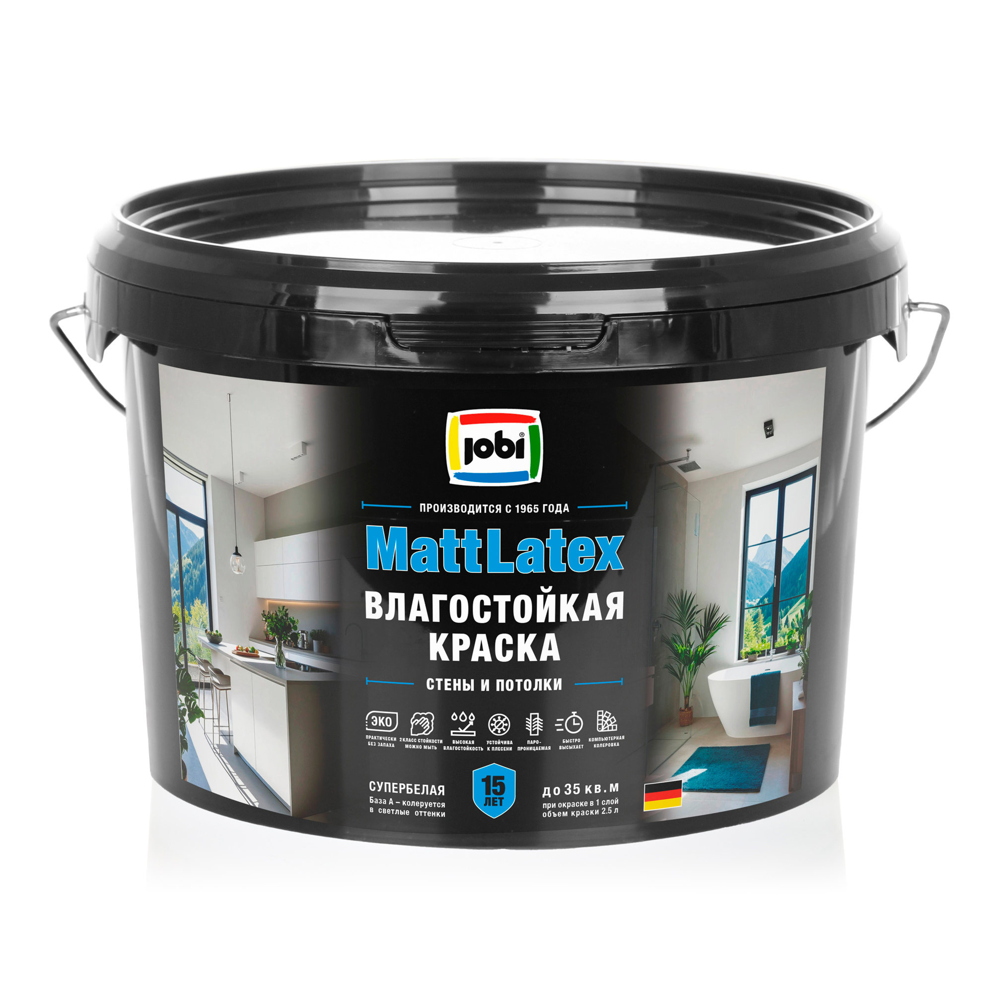 Изображение товара Матовая влагостойкая акриловая краска Jobi White 2.5 л для влажных помещений