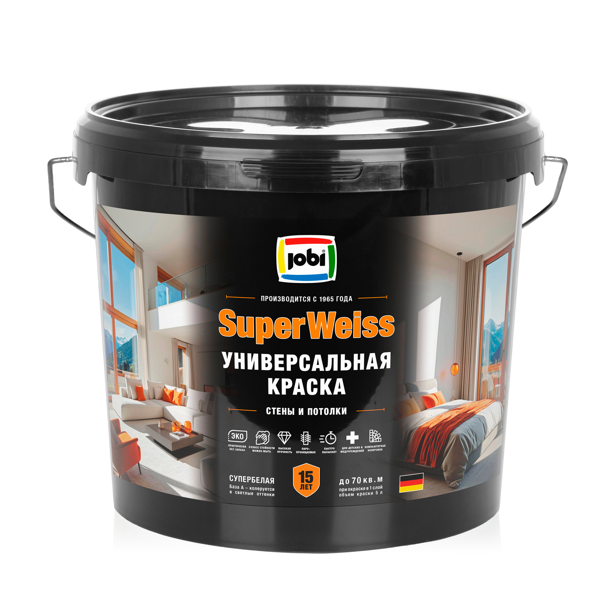 Изображение товара Краска интерьерная Jobi Superweiss высокоукрывистая матовая супербелая 5 л Изображение товара Краска интерьерная Jobi Superweiss высокоукрывистая матовая супербелая 5 л