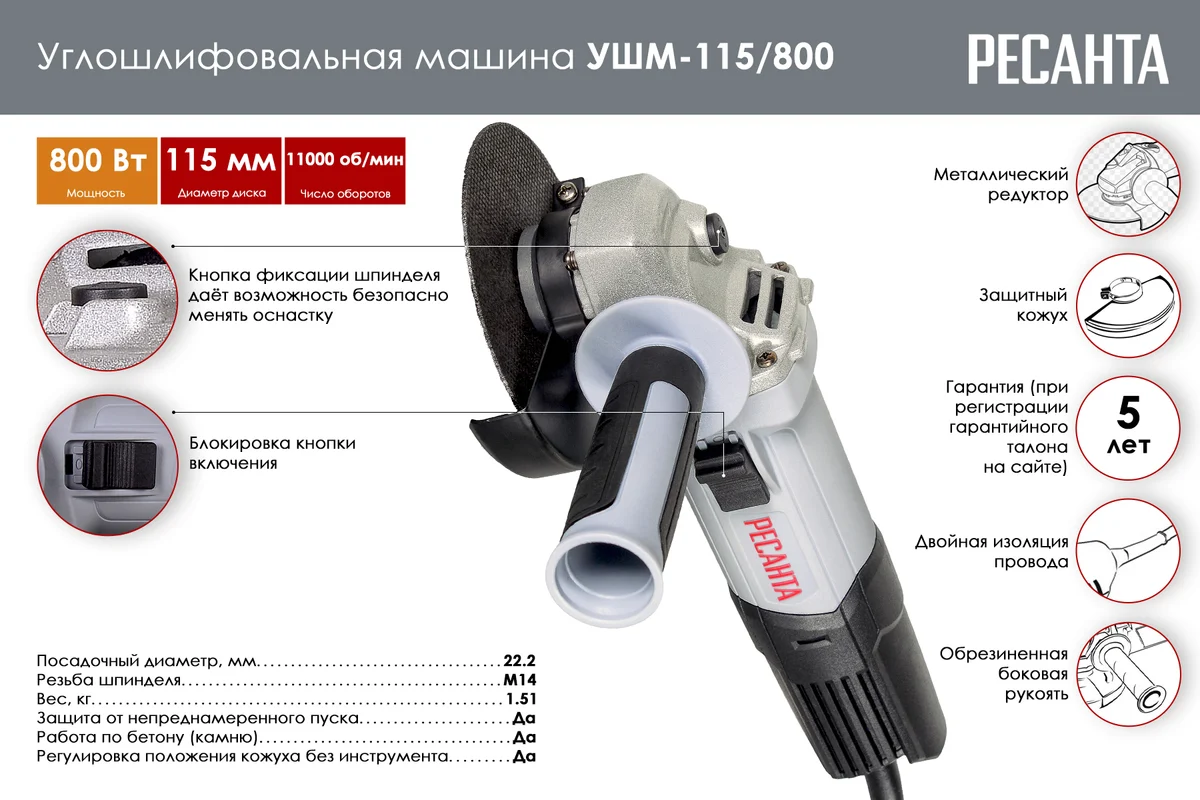 Изображение товара Угловая шлифовальная машина Ресанта УШМ-115/800 800 Вт, легкий и надежный инструмент Изображение товара Угловая шлифовальная машина Ресанта УШМ-115/800 800 Вт, легкий и надежный инструмент
