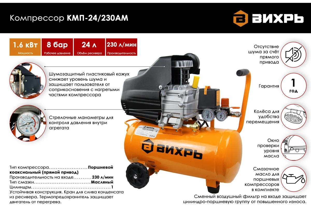 Изображение товара Поршневой компрессор Вихрь КМП-24/230АМ 24 л 230 л/мин 1600 Вт
