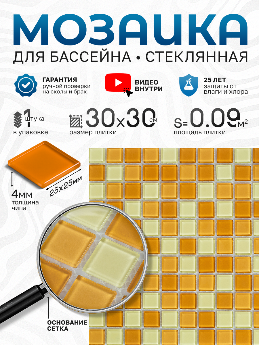 Изображение товара Стеклянная мозаика Керамоград для ванной и кухни 30x30 см желтая/золотая