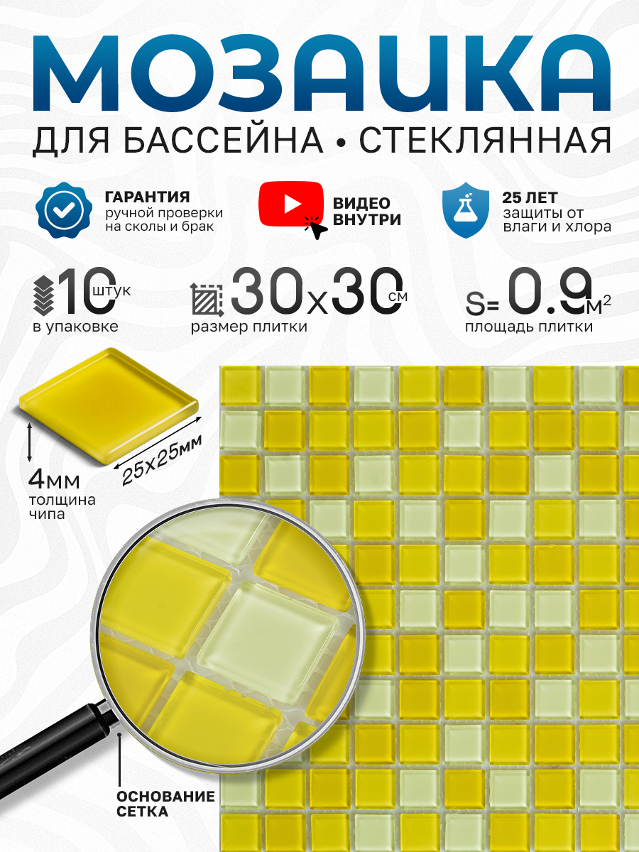 Изображение товара Стеклянная мозаика Керамоград Fa046.048.050_10 30x30 см жёлтая/золотая