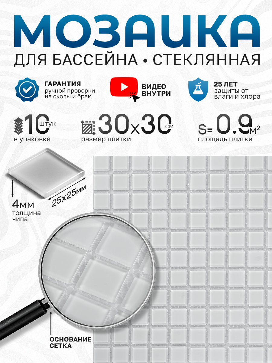 Изображение товара Мозаика стеклянная Керамоград Fa080_10 30x30 см белая