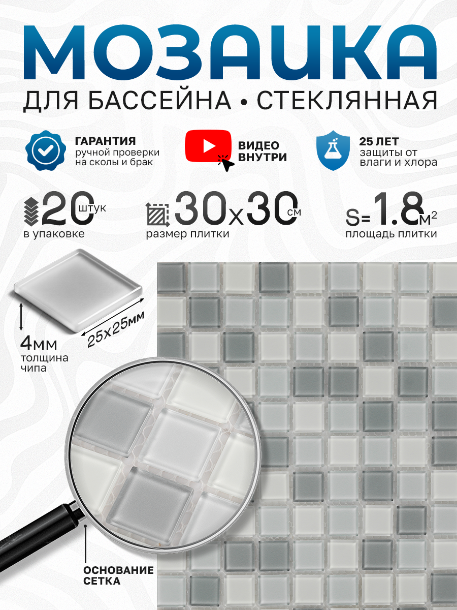 Изображение товара Стеклянная мозаика Керамоград Ice gray 30x30 см белая