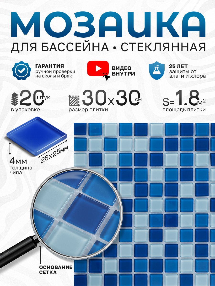 Изображение товара Стеклянная мозаика Керамоград 30x30 см синий для ванной и бассейна