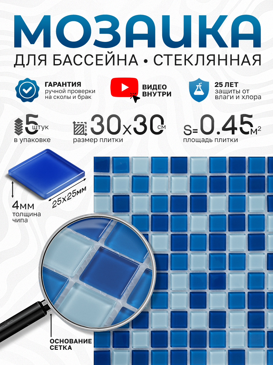 Изображение товара Стеклянная мозайка Керамоград Crystal Glass 30x30 см синий внутренний и наружный дизайн