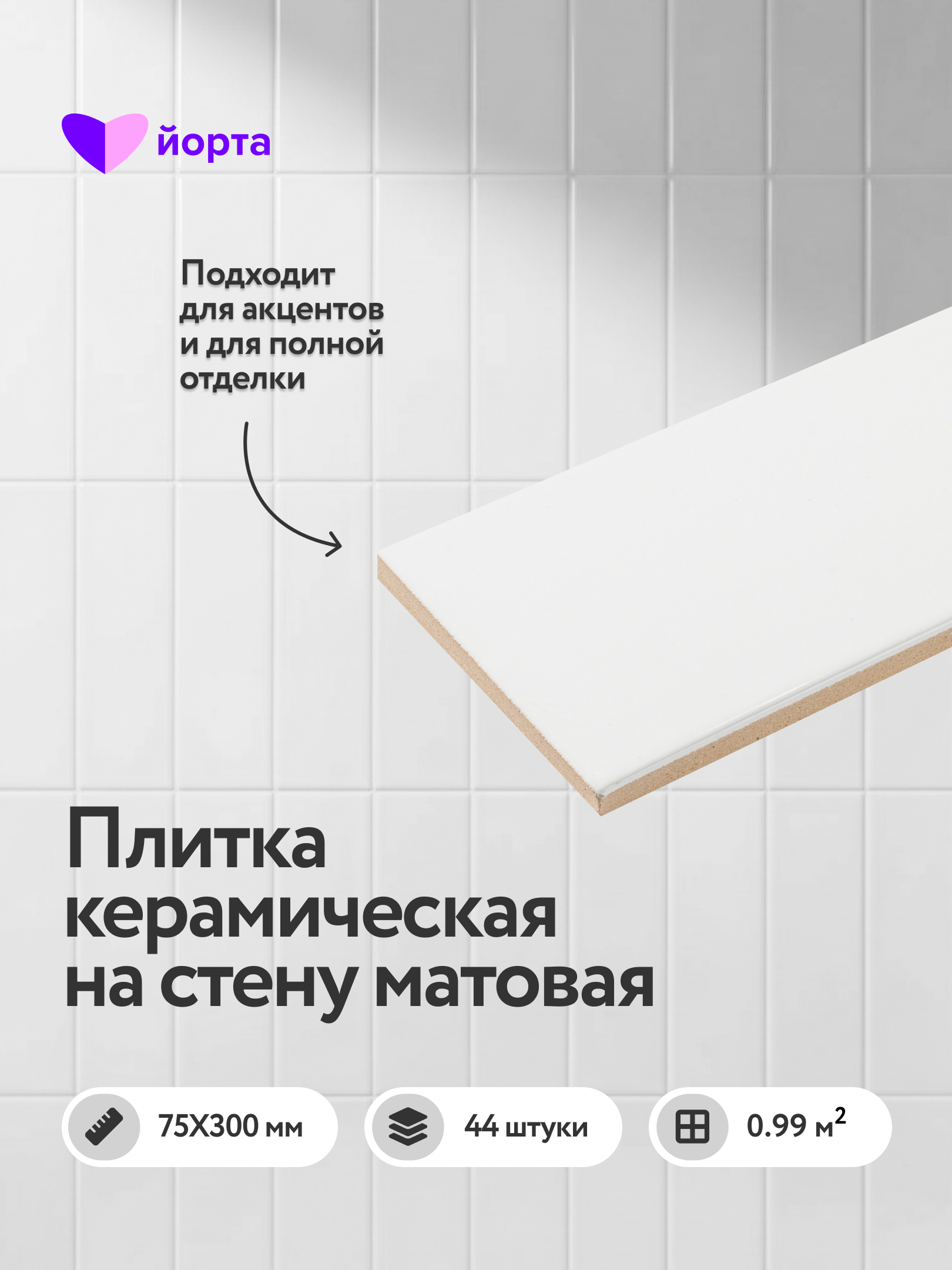 Изображение товара Настенная плитка Йорта WHITE MATT 7.5x30см цвет белый